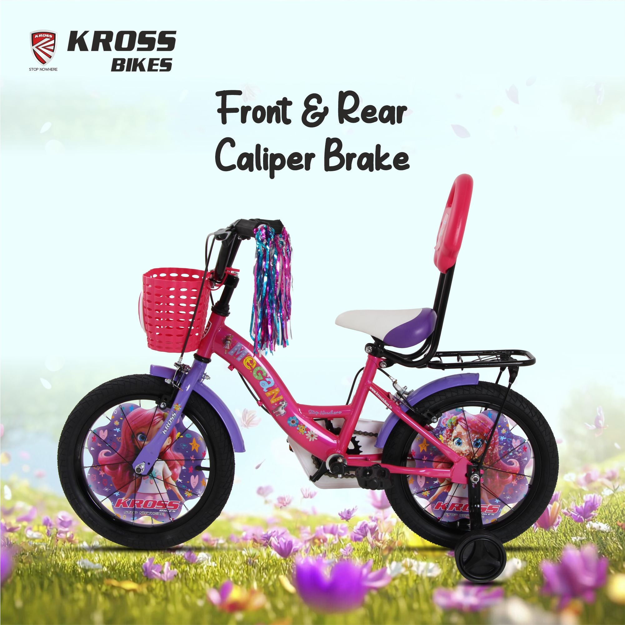 Kross Megan 16T Kids Bicycle with Side Wheels, Basket & Backrest | Pink Purple | Cycle for Girls Age 4-7 Years