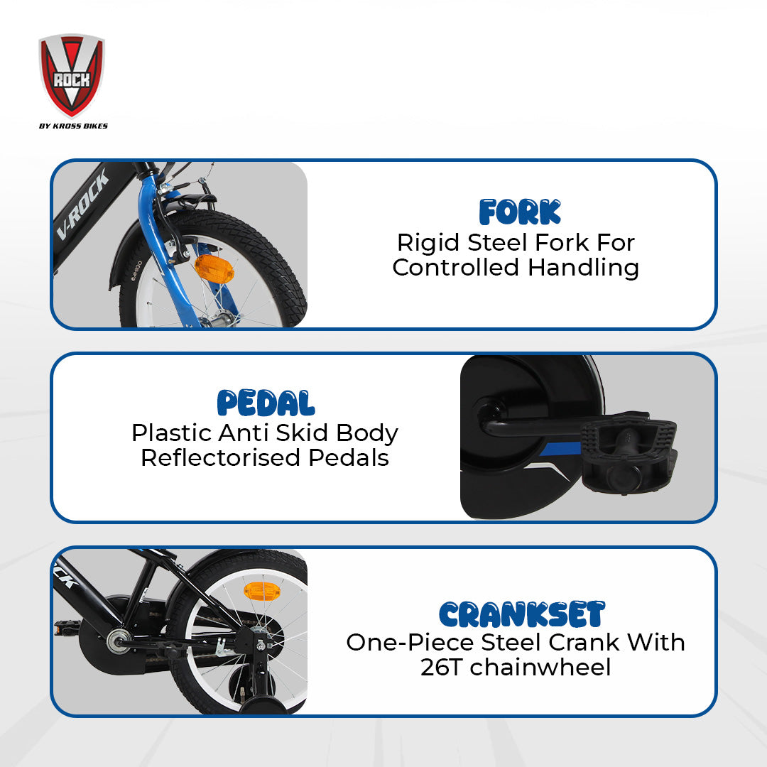 V Rock 16T BMX Fun Kids Bicycle with Training Wheels & Coaster Brake – Black Blue