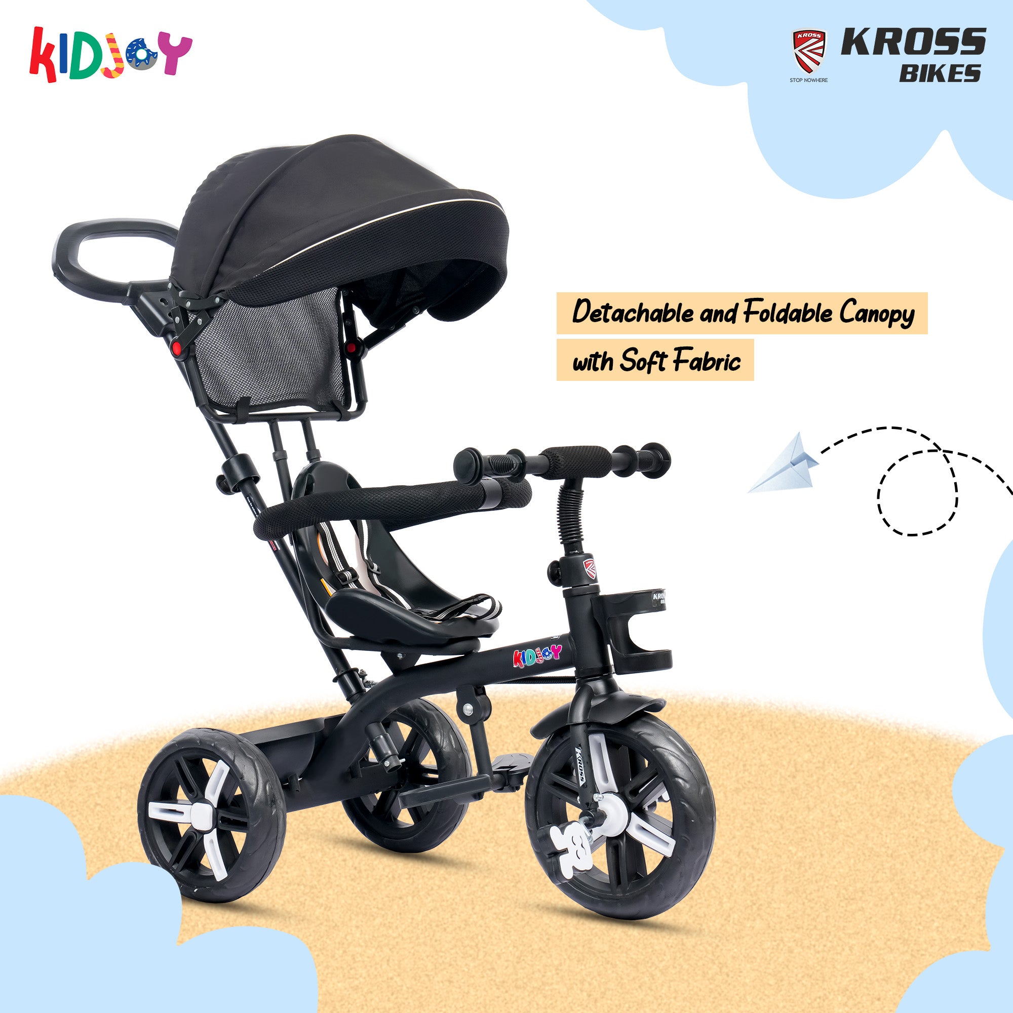 Kidjoy EX-1 3-in-1 Kids Tricycle with Adjustable Parental Handle, Detachable Canopy, EVA Tyres, Safety Belt & Rear Basket (1–4 Years) (Black/White)