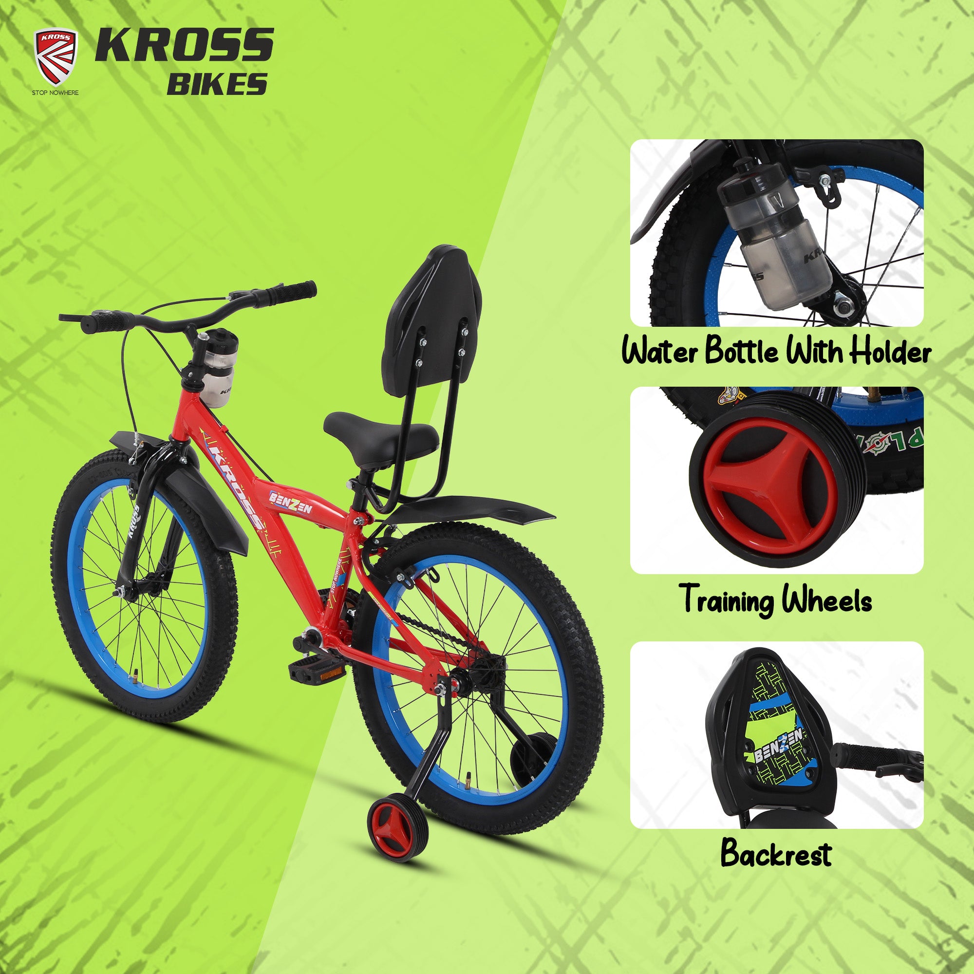Kross Benzen Crush Pro 20T Kids Bicycle with Side Supporter | Single Speed | 20 x 2.40 Tyres | Dual Caliper Brakes | Red