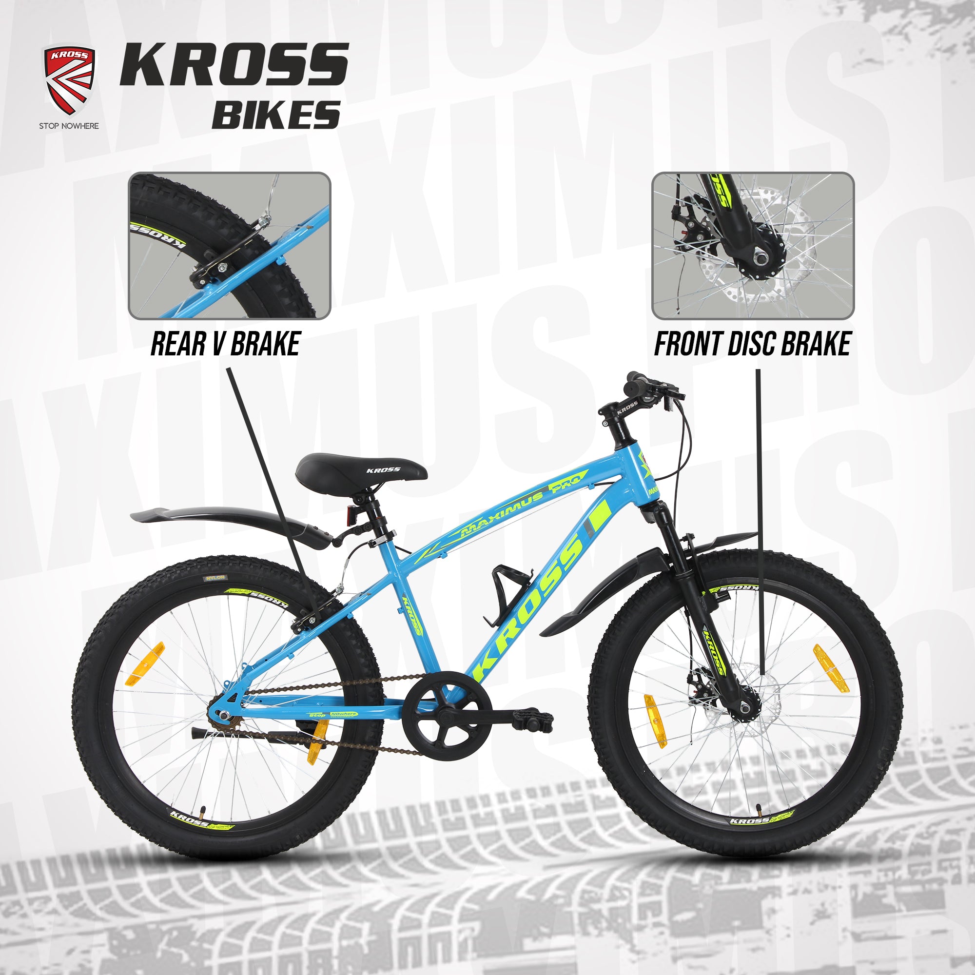 KROSS Maximus Pro 24T Dual Disc Kids MTB – Blue/Yellow | Steel Frame, Suspension Fork, Single Speed