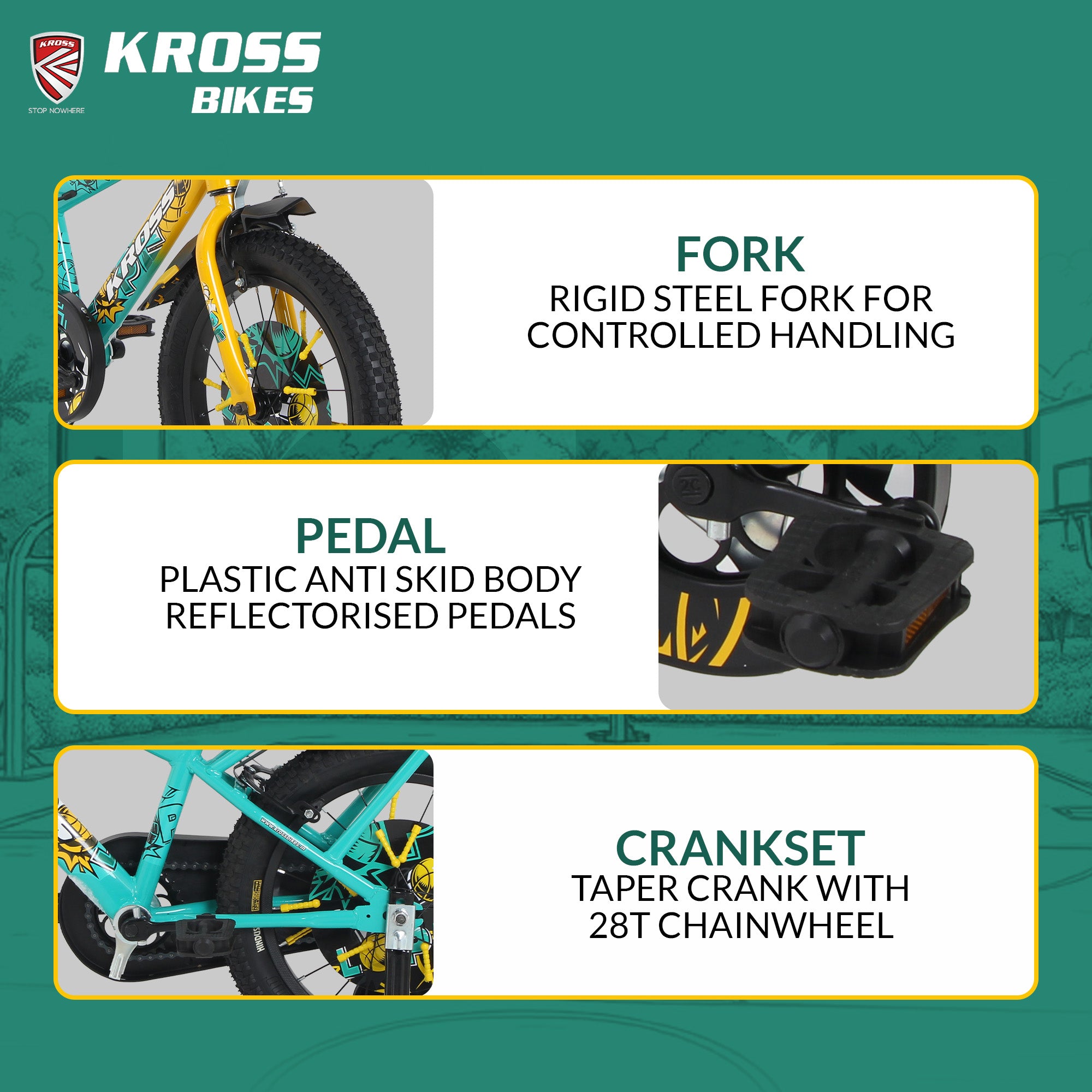 Kross Lope 16T Kids Cycle (16x2.40 Tyre, Dual Color Steel Frame, Caliper Brakes, Basket & Side Wheels, 4–6 Years) with Carrier -Yellow