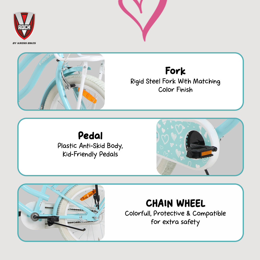 V Rock Lovely 18T Kids Bicycle – Blue | Single Speed | Front V-Brake | Rear Coaster Brake | Carrier & Mudguards
