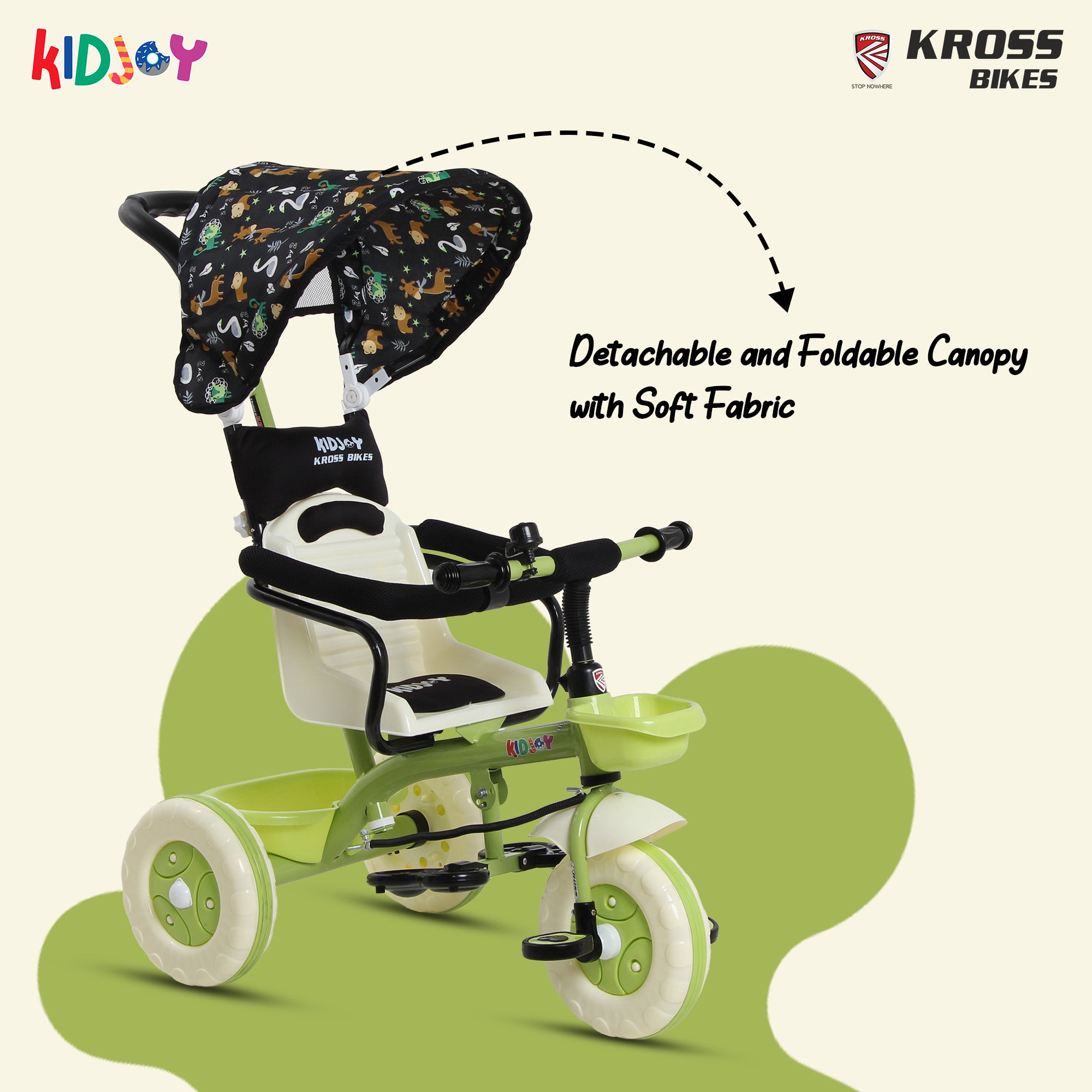 Kidjoy SS-100 Kids Tricycle for 1.5–4 Years with Parental Handle, Canopy & Safety Guard – Steel Frame (Green)