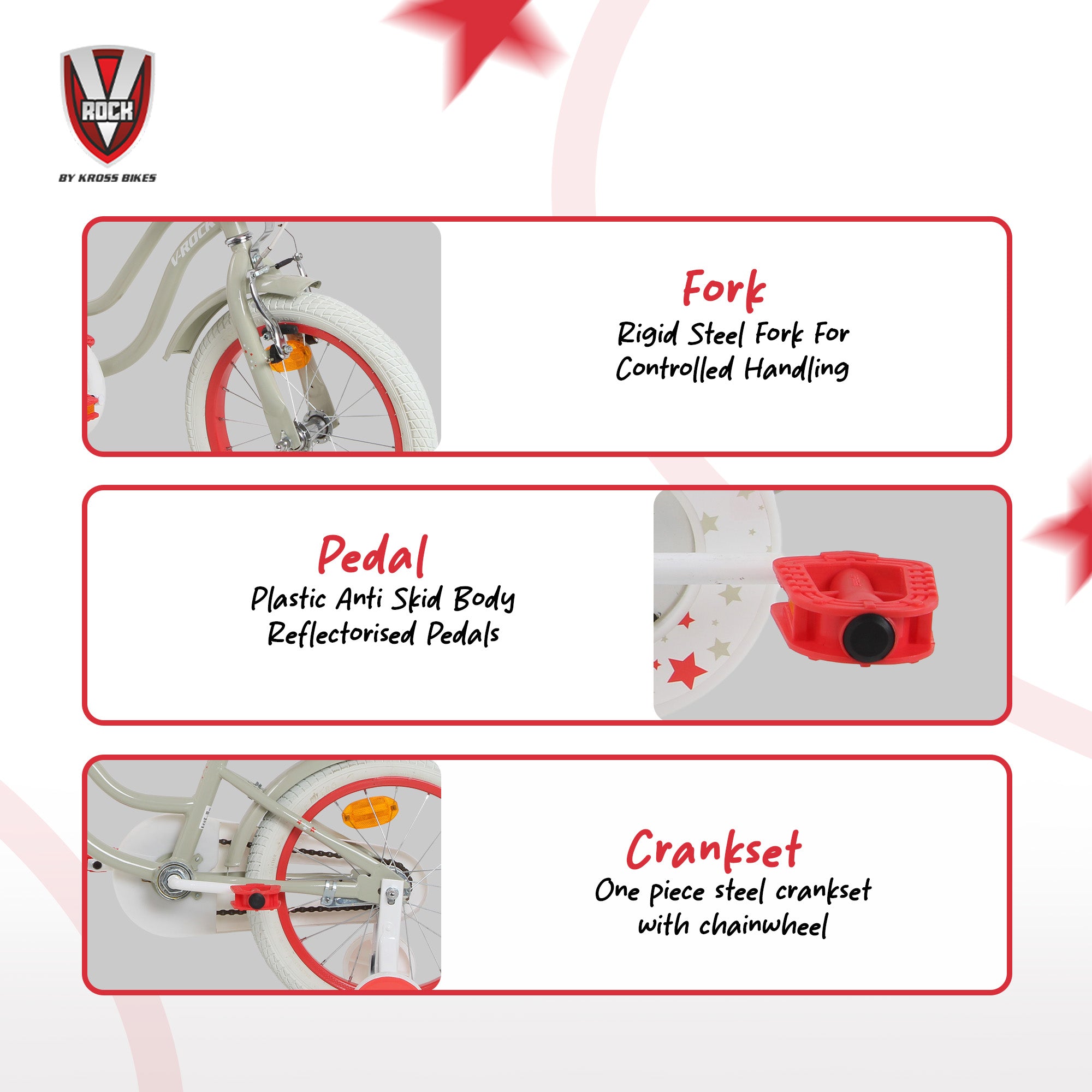 V Rock Superstar 16T Kids Bicycle – Cream | Training Wheels | Basket | Steel Frame