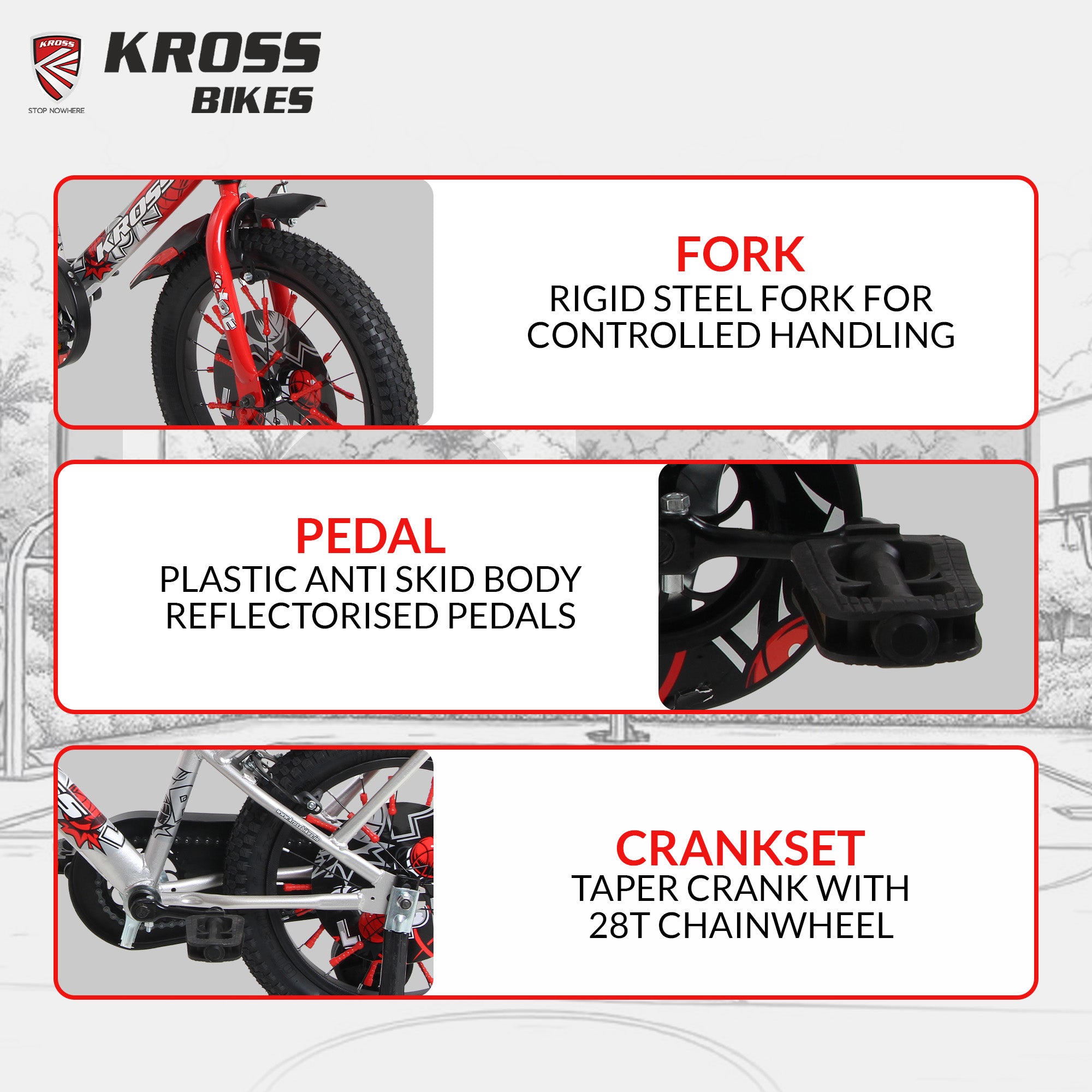 Kross Lope 16T Kids Cycle (16x2.40 Tyre, Dual Color Steel Frame, Caliper Brakes, Basket & Side Wheels, 4–6 Years) with Carrier-Red