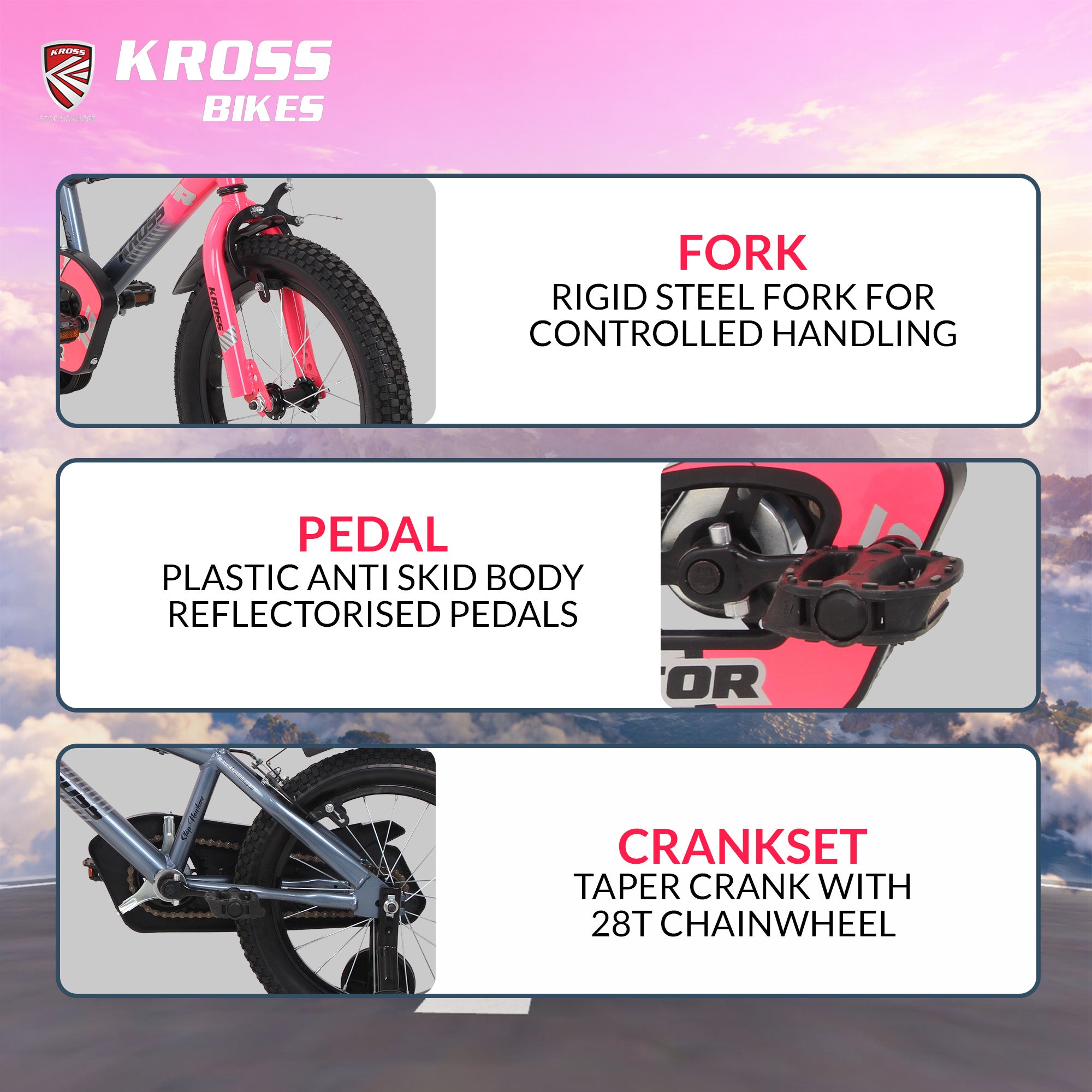 Kross Aviator 16T Kids Bicycle Grey & Pink | Single Speed | 16×2.40 Tyres | Caliper Brakes | Training Wheels | Side Supporter