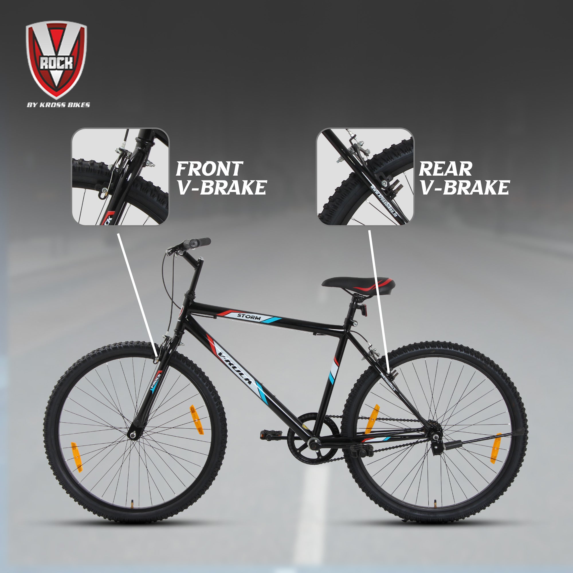 V Rock Storm 26T, Single Speed Mountain Bike, Steel Frame, Rigid Fork, Caliper Brakes Black