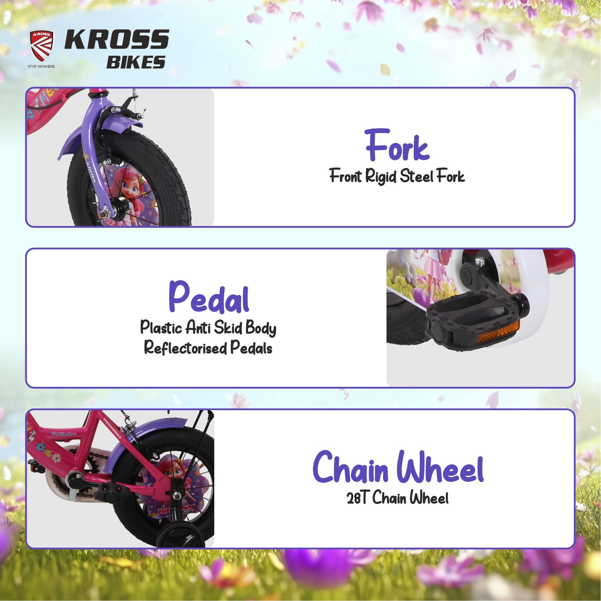 Kross Megan 12T Kids Bicycle with Training Wheels, Basket, Back Rest & Carrier | Single Speed | Pink-Purple