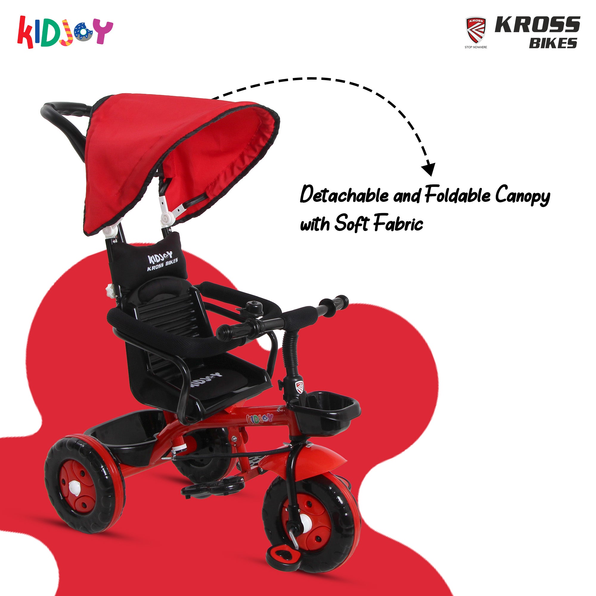 Kidjoy SS-100 Kids Tricycle for 1.5–4 Years with Parental Handle, Canopy & Safety Guard – Steel Frame (Red)