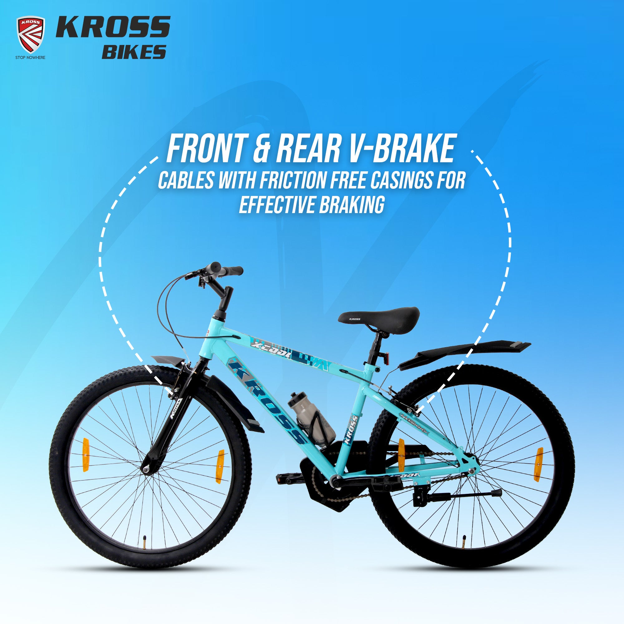 Kross XCool 26T Single Speed MTB Bicycle with Internal Cable Routing, V-Brakes, Water Bottle & Mudguards (Aqua Blue)
