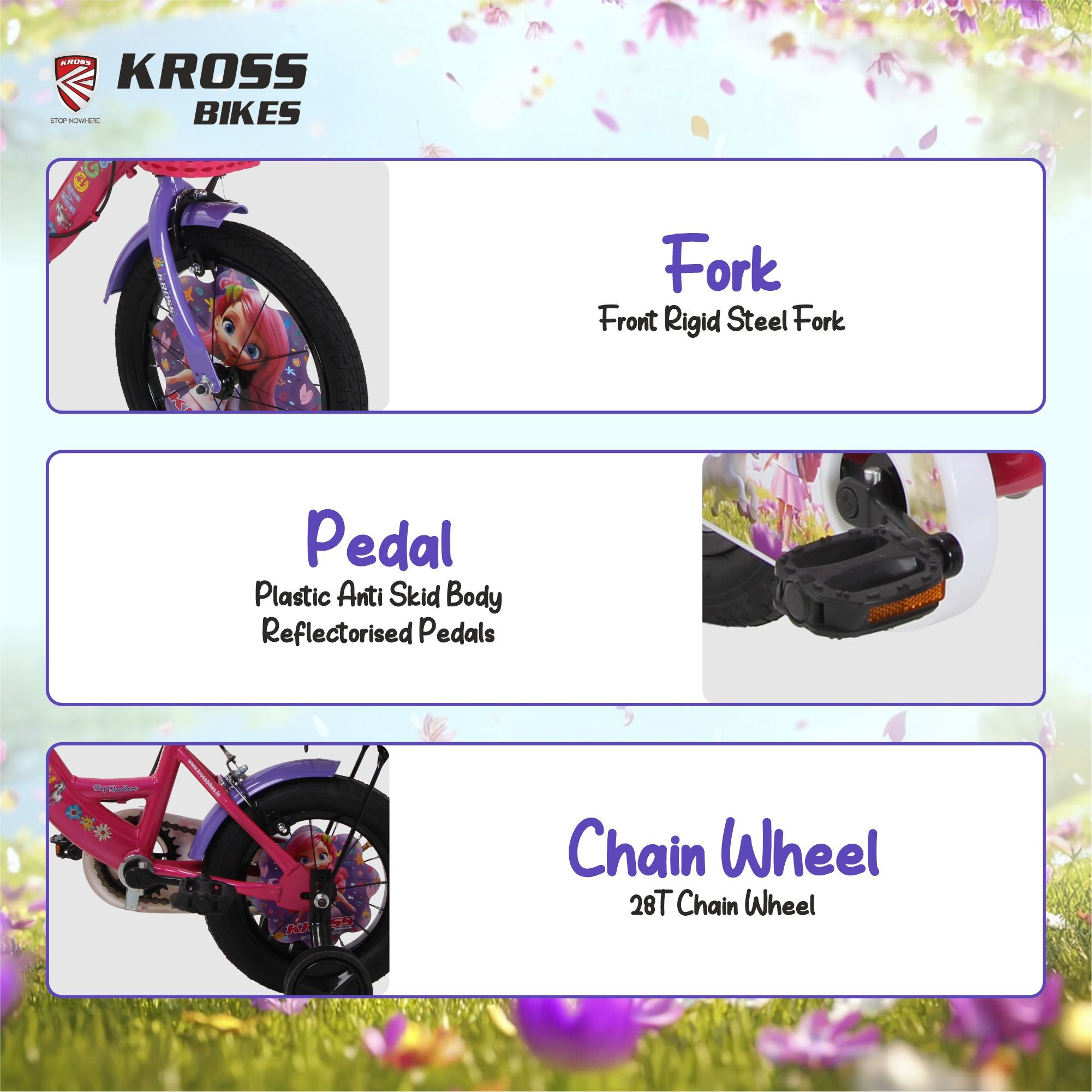 Kross Megan 16T Kids Bicycle with Side Wheels, Basket & Backrest | Pink Purple | Cycle for Girls Age 4-7 Years