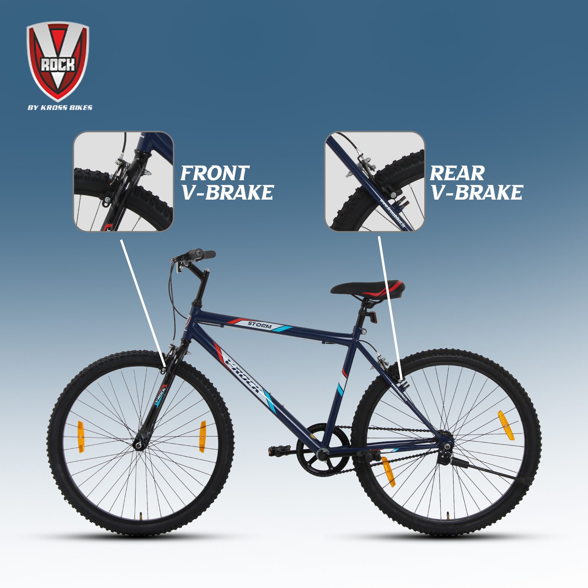 V Rock Storm 26T, Single Speed Mountain Bike, Steel Frame, Rigid Fork, Caliper Brakes Blue