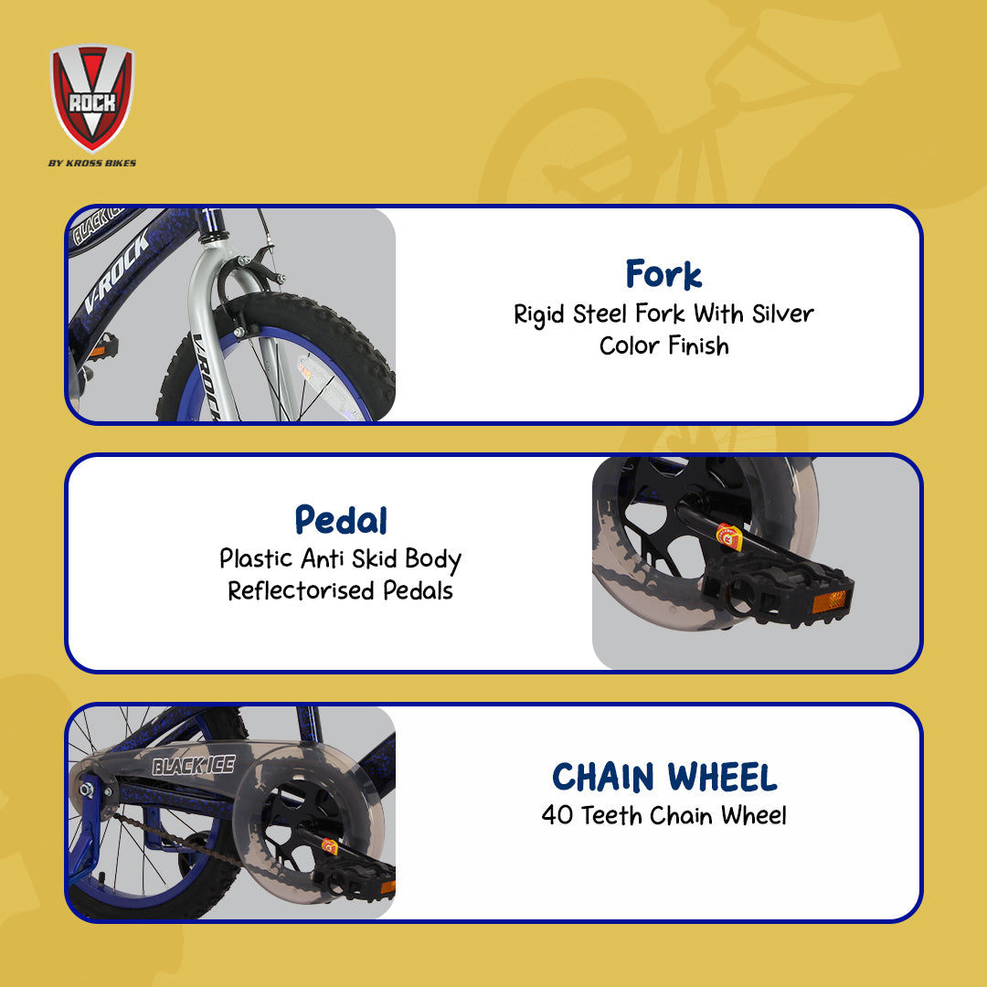 V Rock Black Ice 18T Kids Bicycle | Steel Frame | Training Wheels | Front & Rear Caliper Brakes