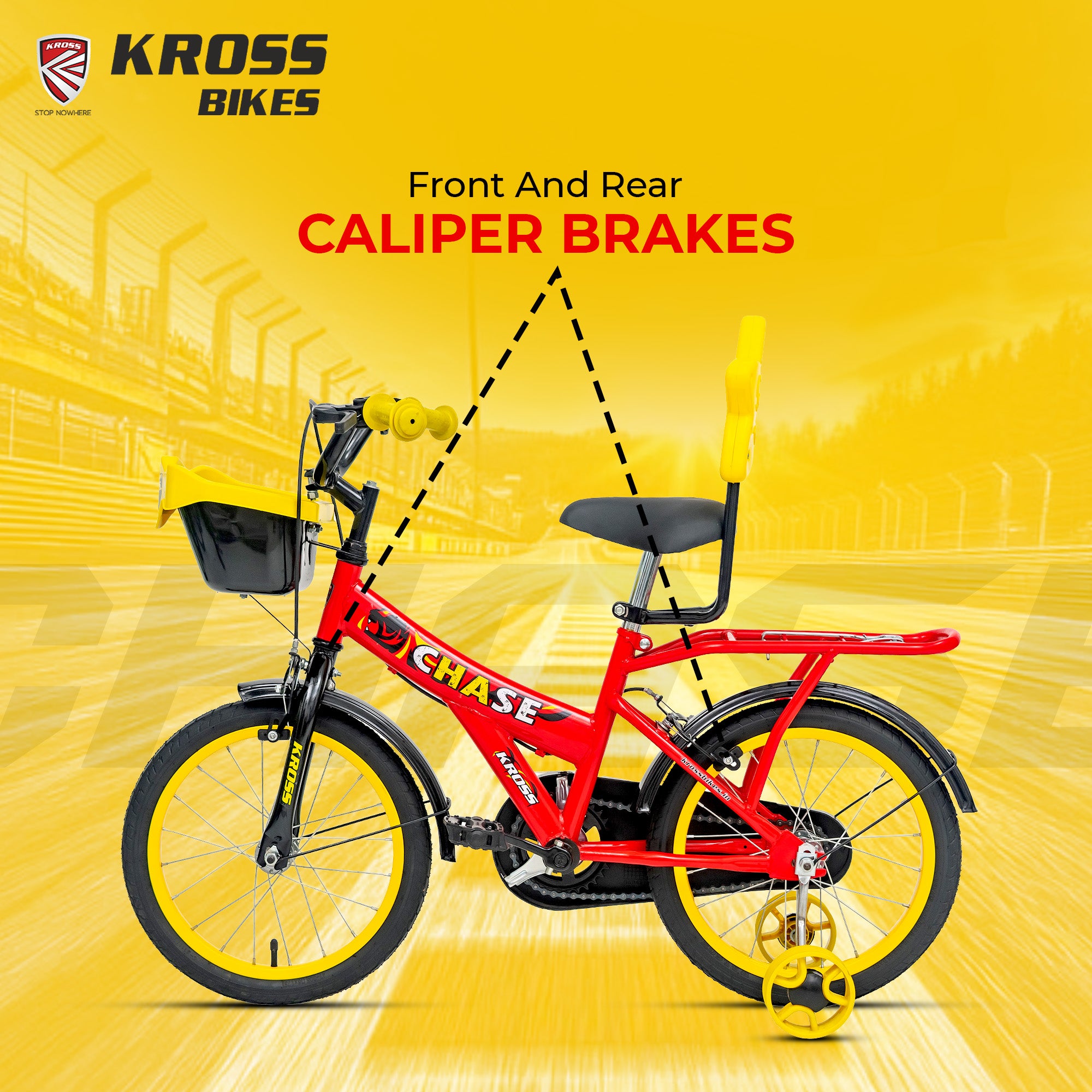 Kross Chase 16T Kids Bicycle with Caliper Brakes & Training Wheels – Ideal for 4–6 Years (Red/Yellow)