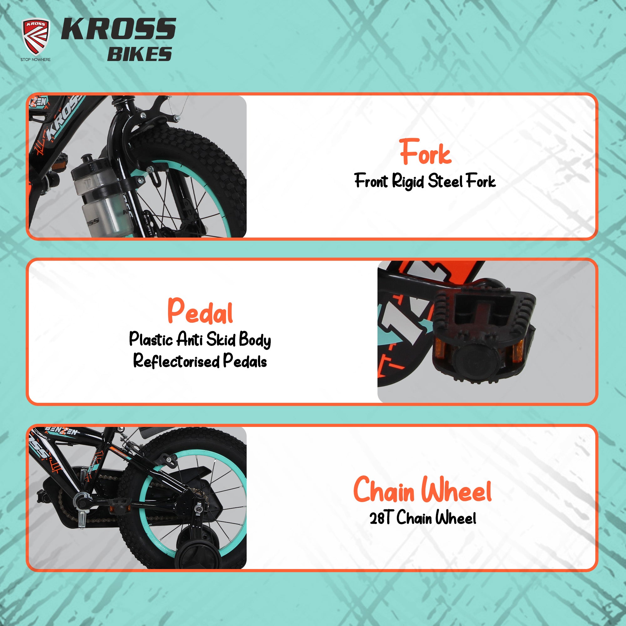 Kross Benzen Crush 14T Kids Cycle with Training Wheels, Back Rest & Bottle – Black