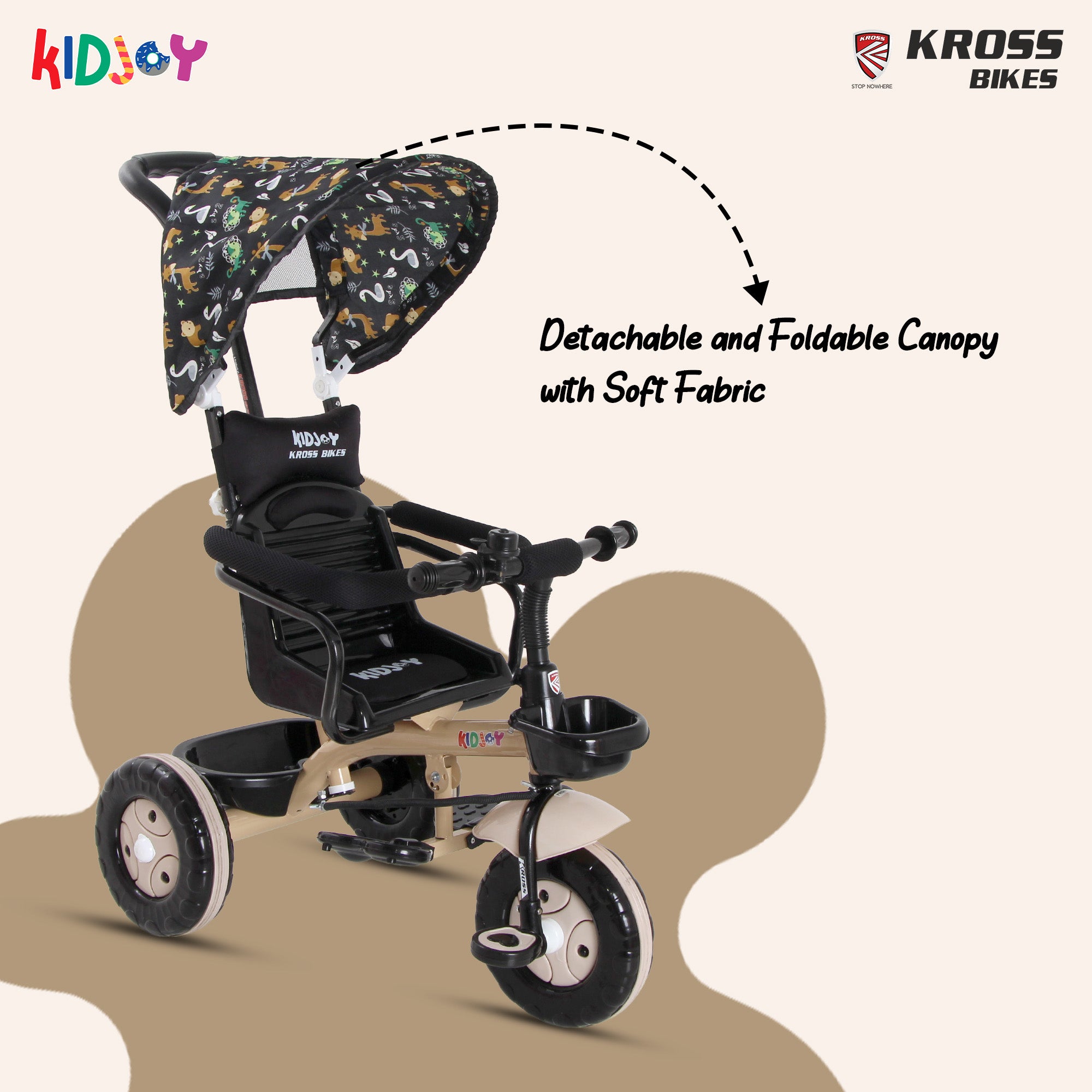 Kidjoy SS-100 Kids Tricycle for 1.5–4 Years with Parental Handle, Canopy & Safety Guard – Steel Frame (Brown)