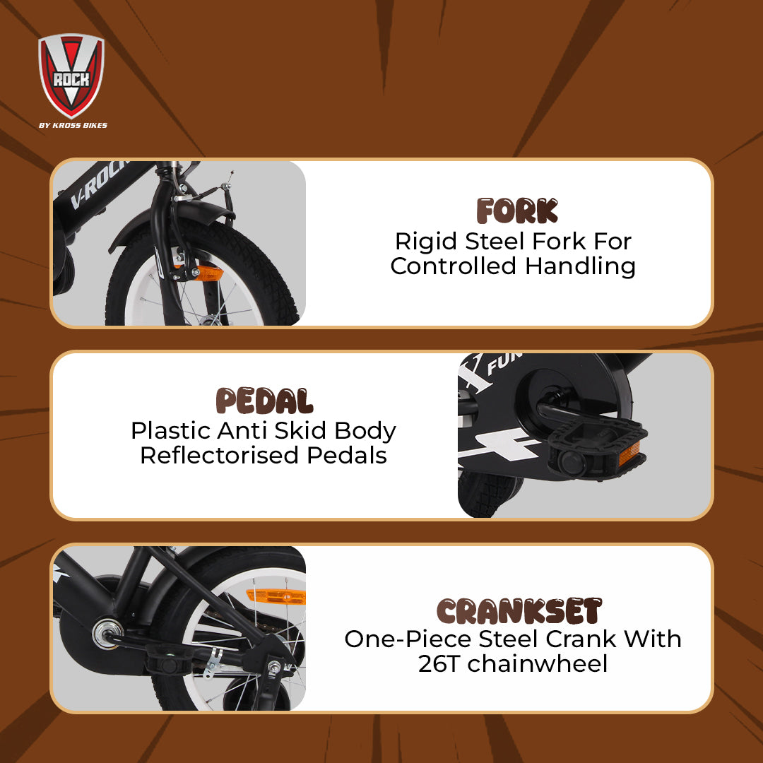 V Rock 14T BMX Fun Kids Bicycle with Training Wheels, Matt Black Steel Frame, Single Speed, Front V-Brake & Coaster Brak