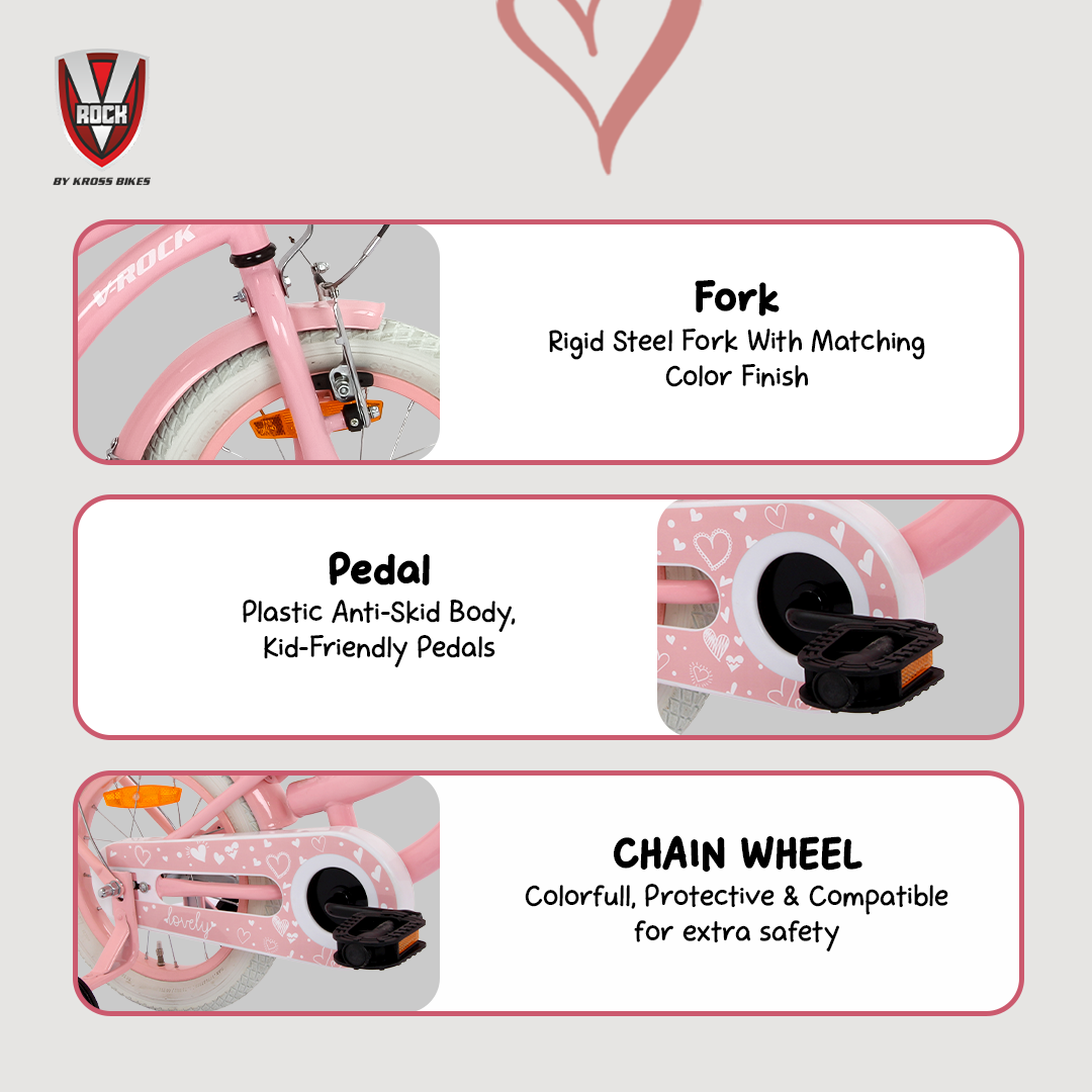 V Rock Lovely 14T Pink Kids Bike, Steel Frame, Rear Coaster & V Brake, Basket & Support Wheels, 14 inch BMX Cycle (Single Speed, Pink, Rigid)