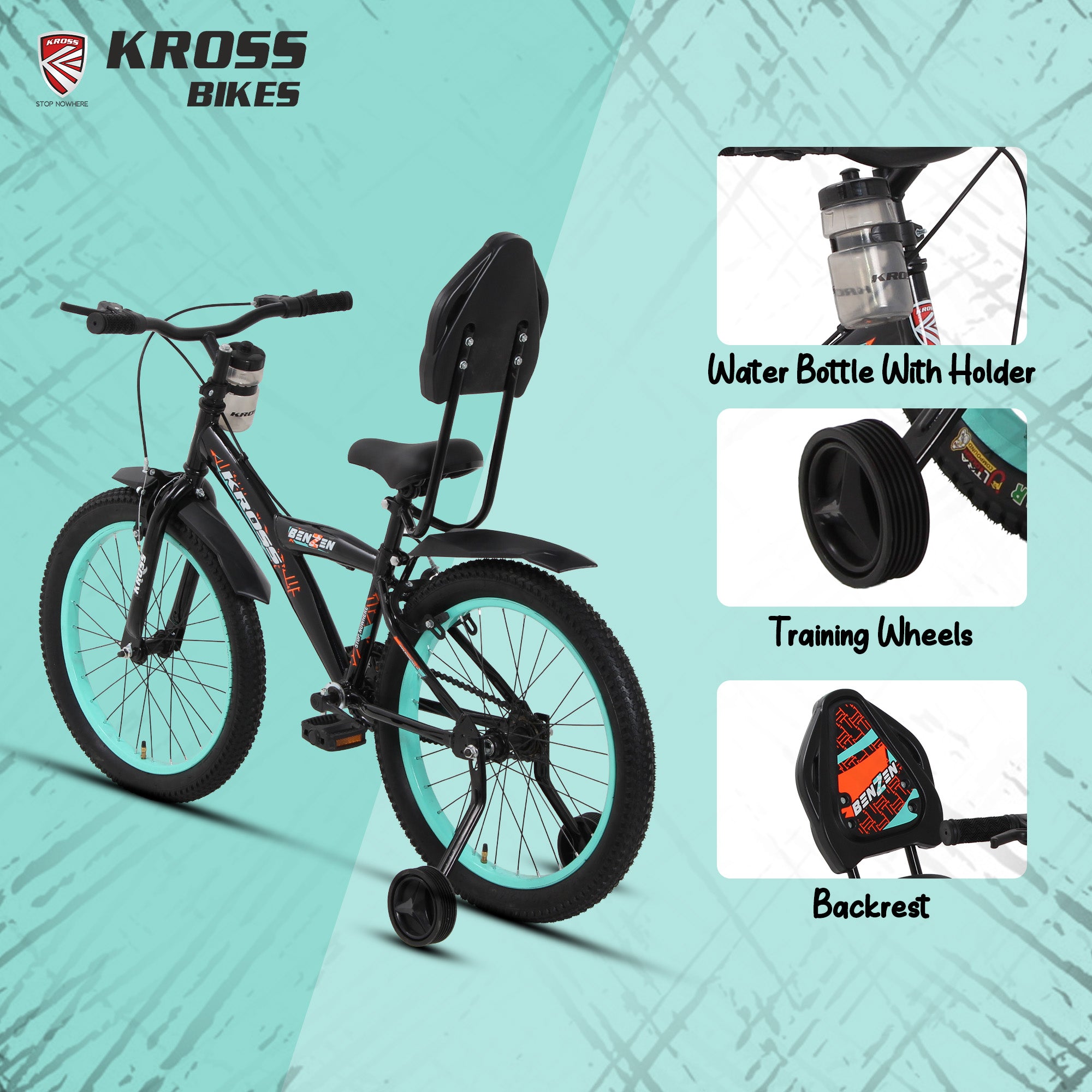 Kross Benzen Crush Pro 20T Kids Bicycle with Side Supporter | Single Speed | 20 x 2.40 Tyres | Dual Caliper Brakes | Black