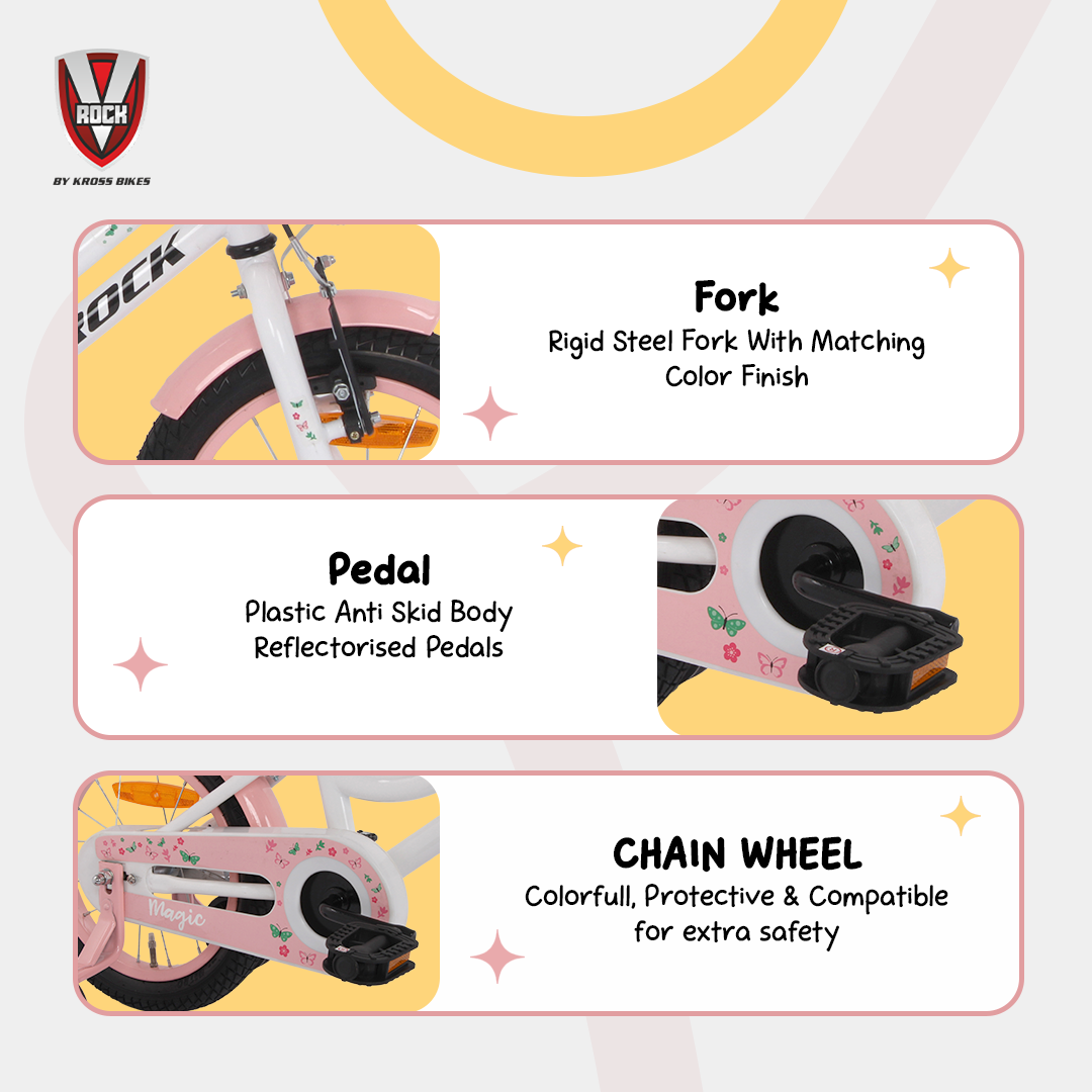 V Rock Magic 14T Kids Bicycle – Magic White with Pink Accessories | Training Wheels | Basket & Doll Carrier