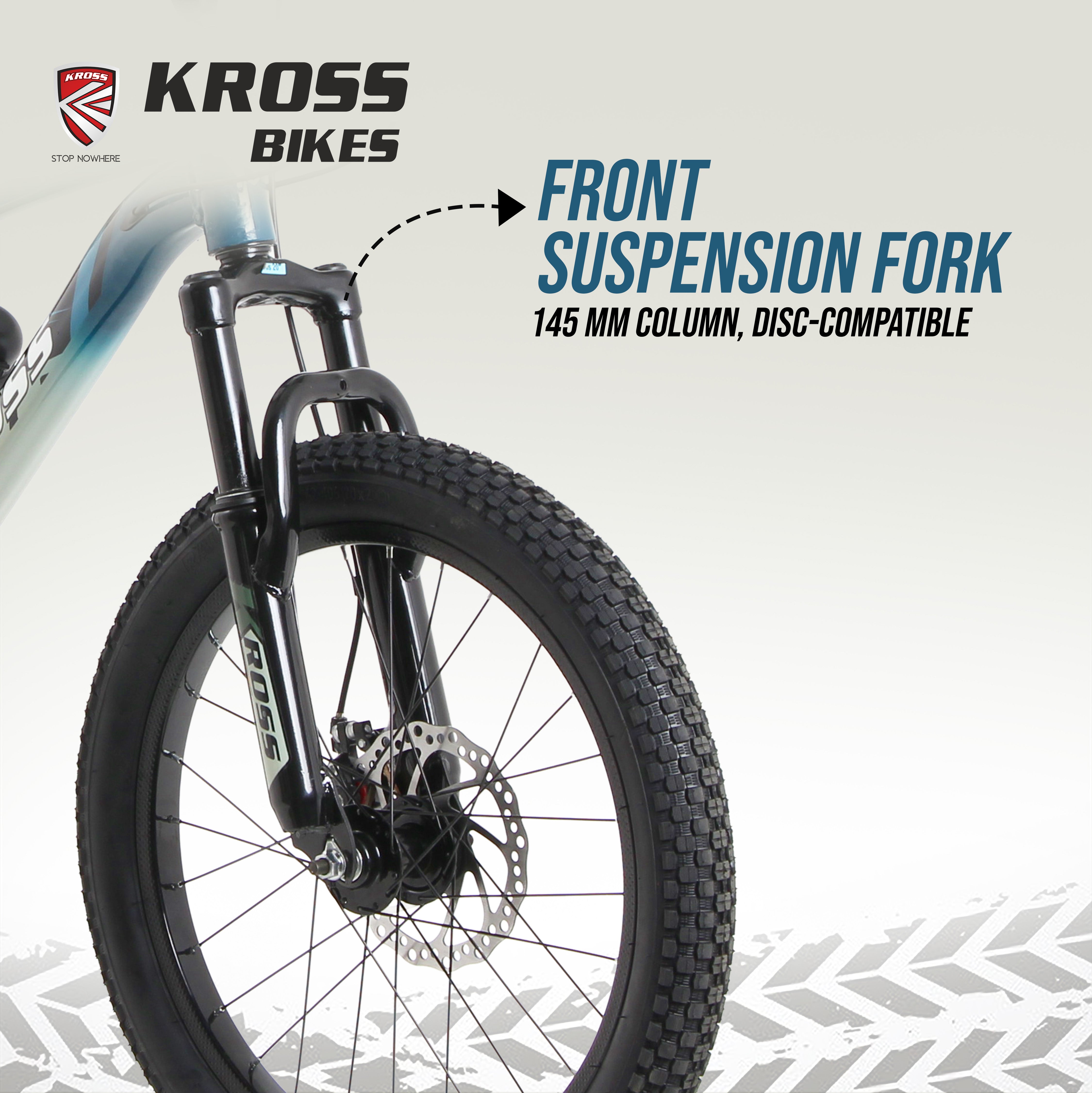 Kross Tronin 20T Kids MTB Cycle – 20×2.40 Fat Tyres, Dual Disc Brakes, Suspension Fork, Steel Frame, Single Speed (Grey/Blue)