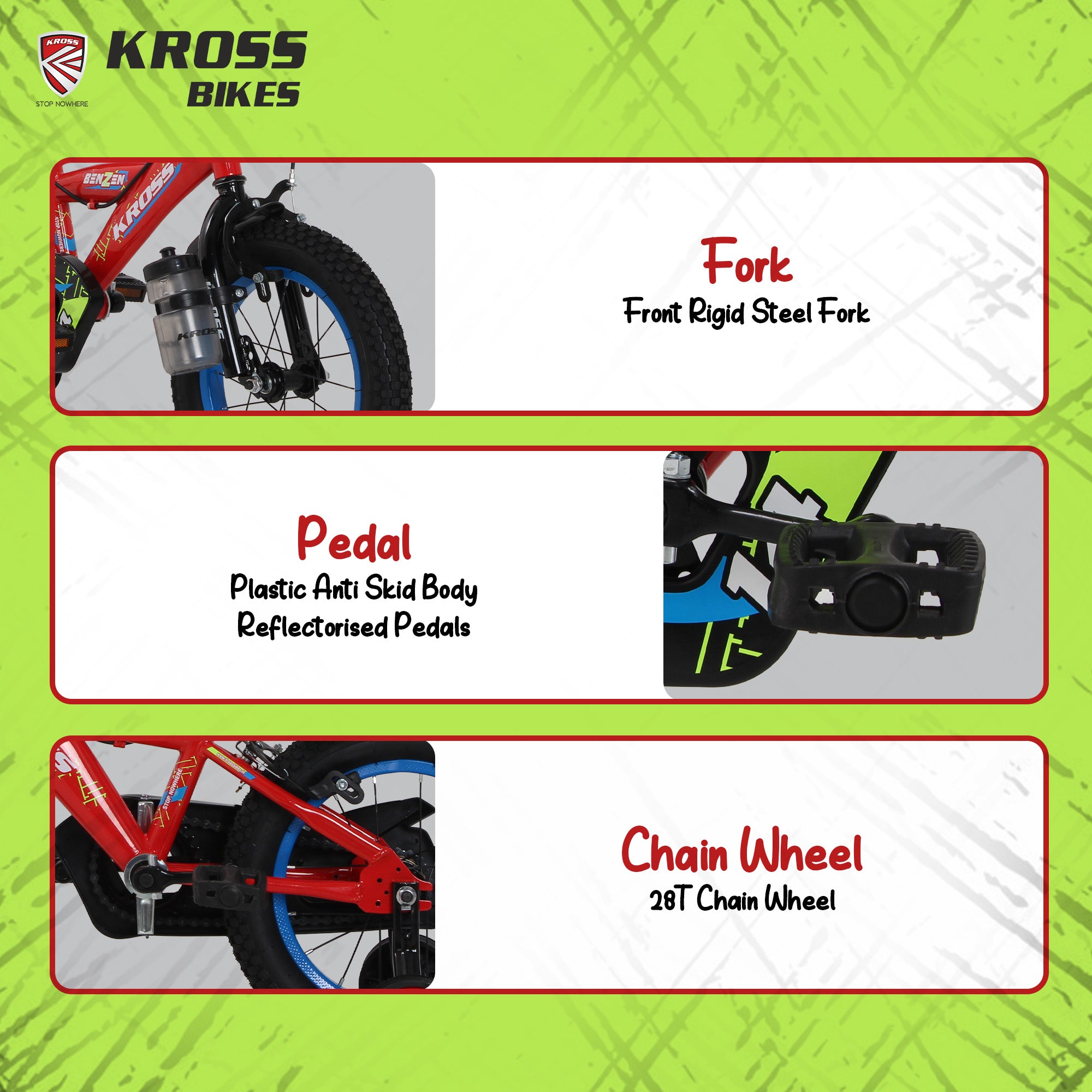Kross Benzen Crush 14T Kids Cycle with Training Wheels, Back Rest & Bottle – Red