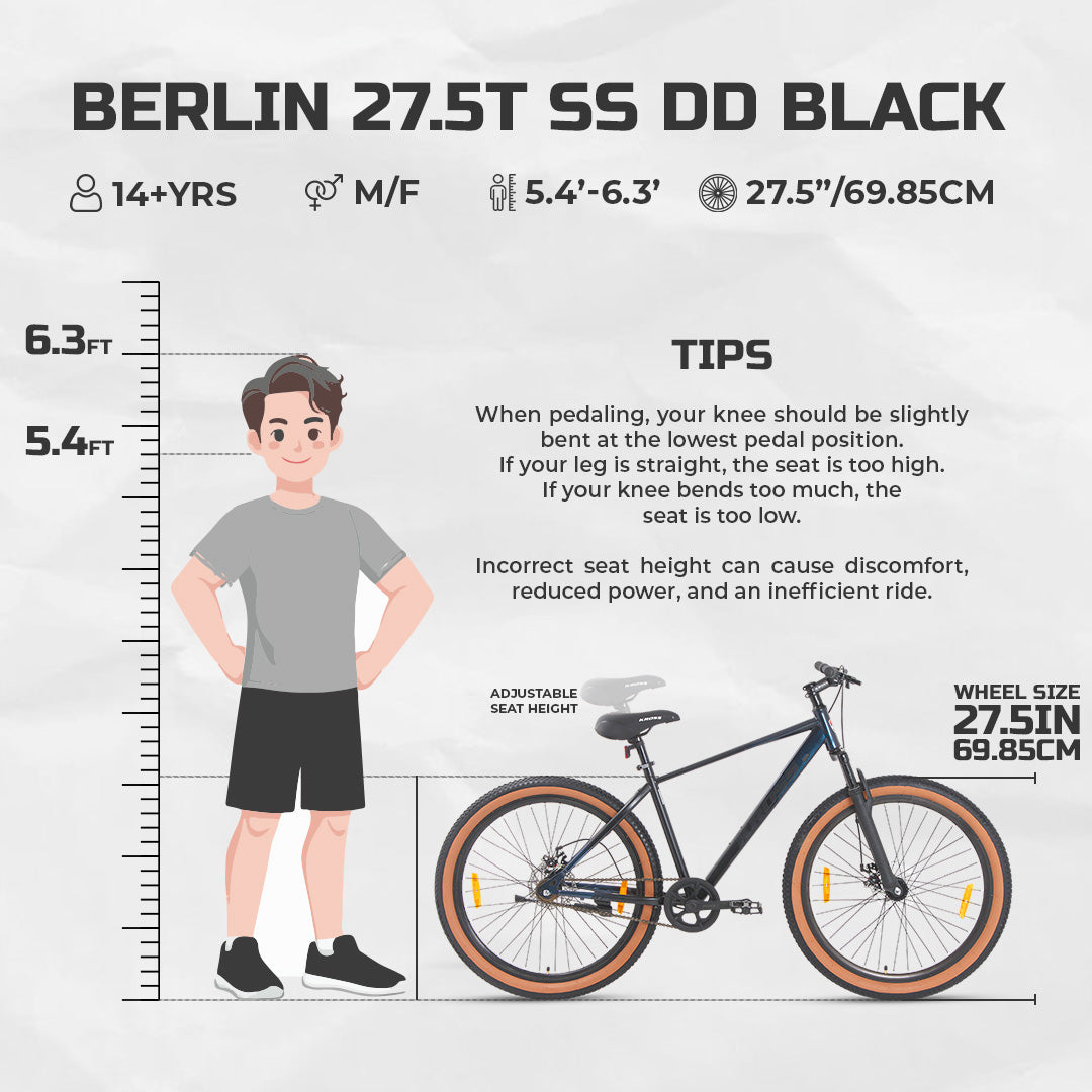 BERLIN 27.5T Single Speed MTB with Suspension Fork, Dual Disc Brakes, Steel Frame & 2.4” Tyres (27.5T, SS, DD) Black