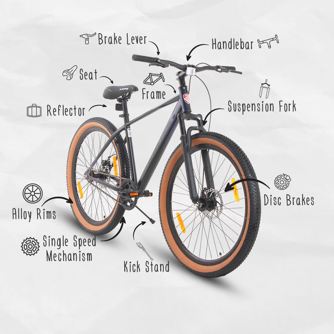 BERLIN 27.5T Single Speed MTB with Suspension Fork, Dual Disc Brakes, Steel Frame & 2.4” Tyres (27.5T, SS, DD) Black