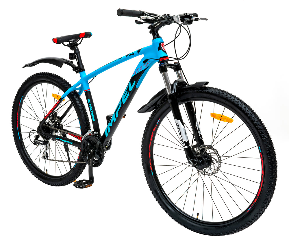 Mountain bike in blue and black design.
