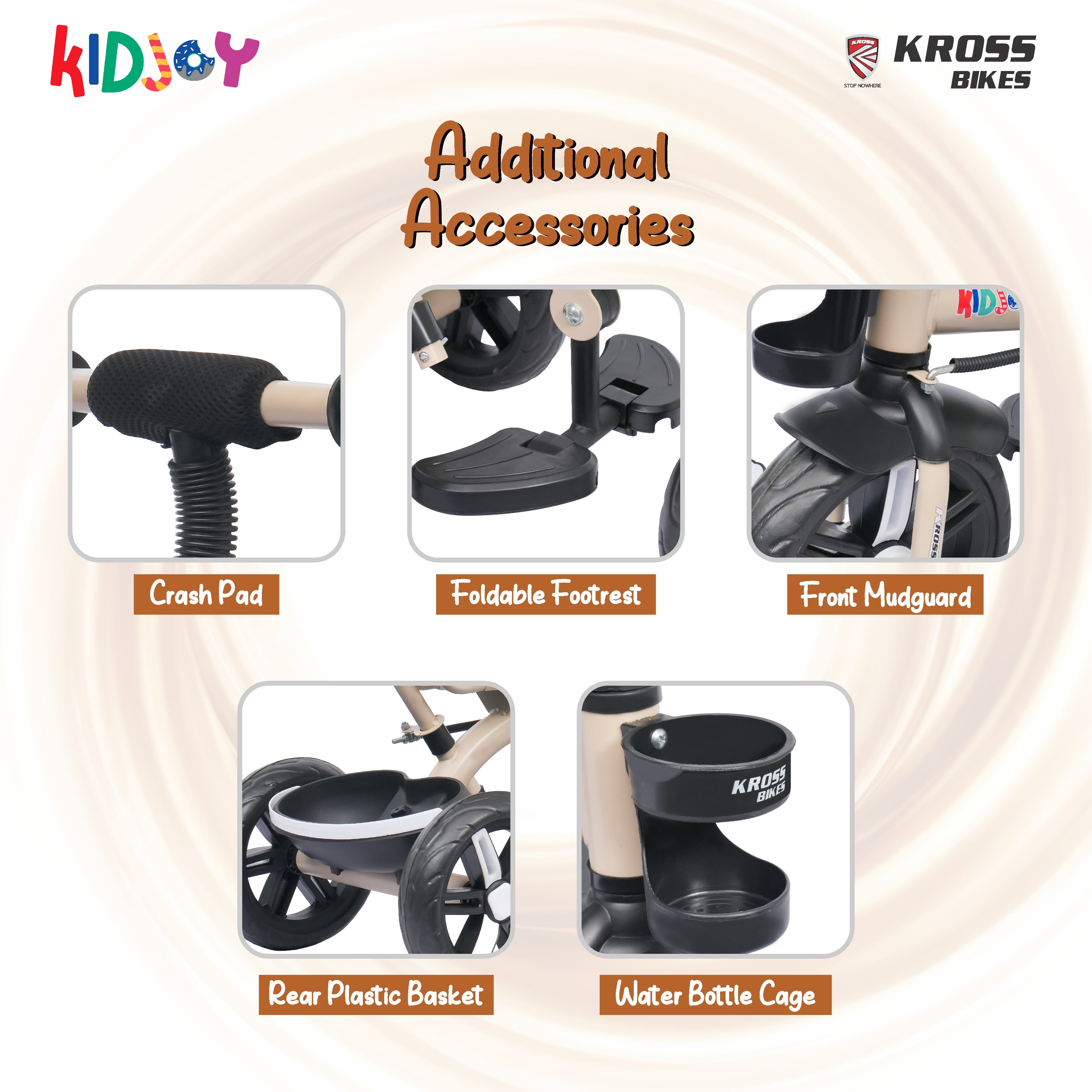 Kidjoy EX-1 3-in-1 Kids Tricycle with Adjustable Parental Handle, Detachable Canopy, EVA Tyres, Safety Belt & Rear Basket (1–4 Years) (Brown/Maroon)