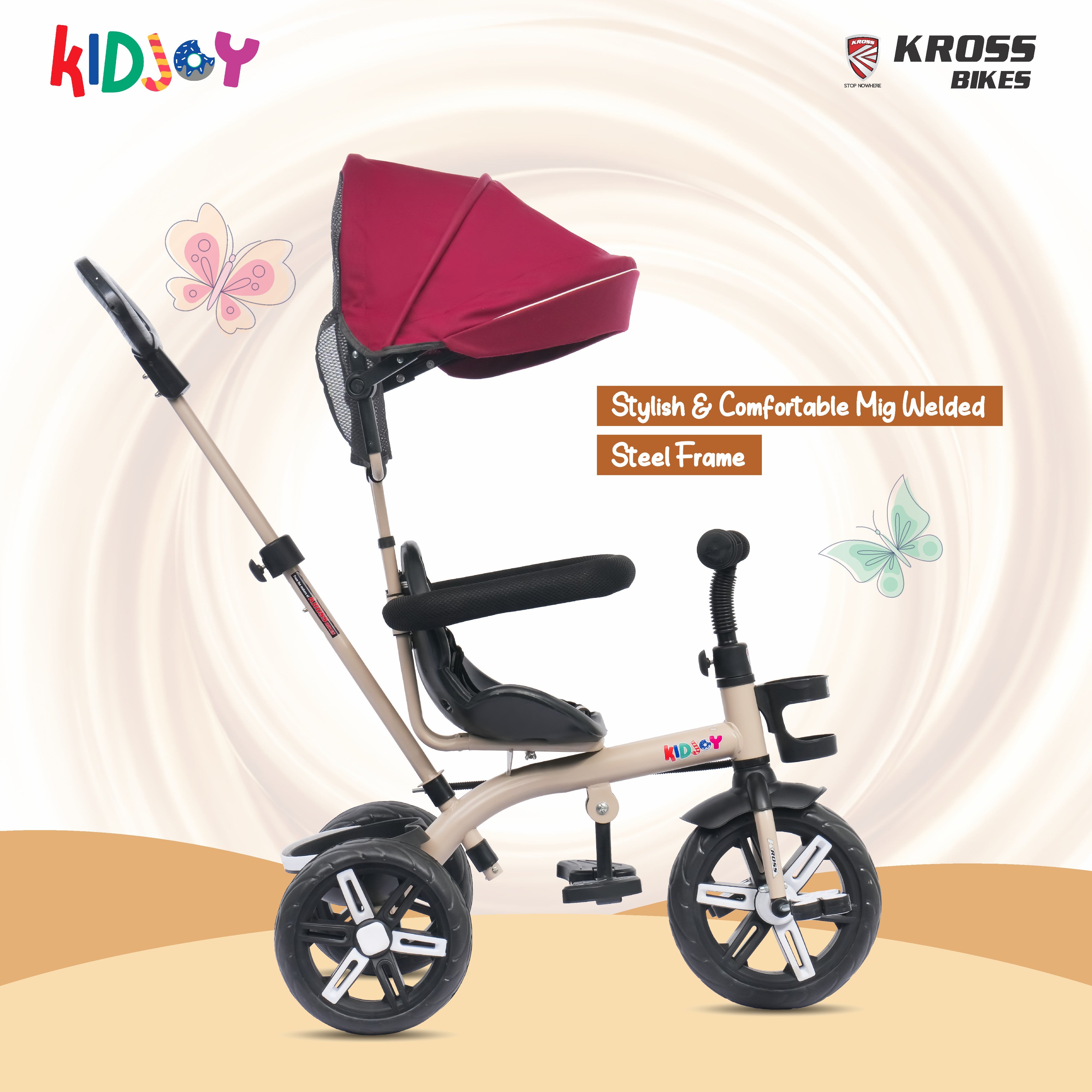 Kidjoy EX-1 3-in-1 Kids Tricycle with Adjustable Parental Handle, Detachable Canopy, EVA Tyres, Safety Belt & Rear Basket (1–4 Years) (Brown/Maroon)