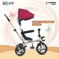 Kidjoy EX-1 3-in-1 Kids Tricycle with Adjustable Parental Handle, Detachable Canopy, EVA Tyres, Safety Belt & Rear Basket (1–4 Years) (Brown/Maroon)