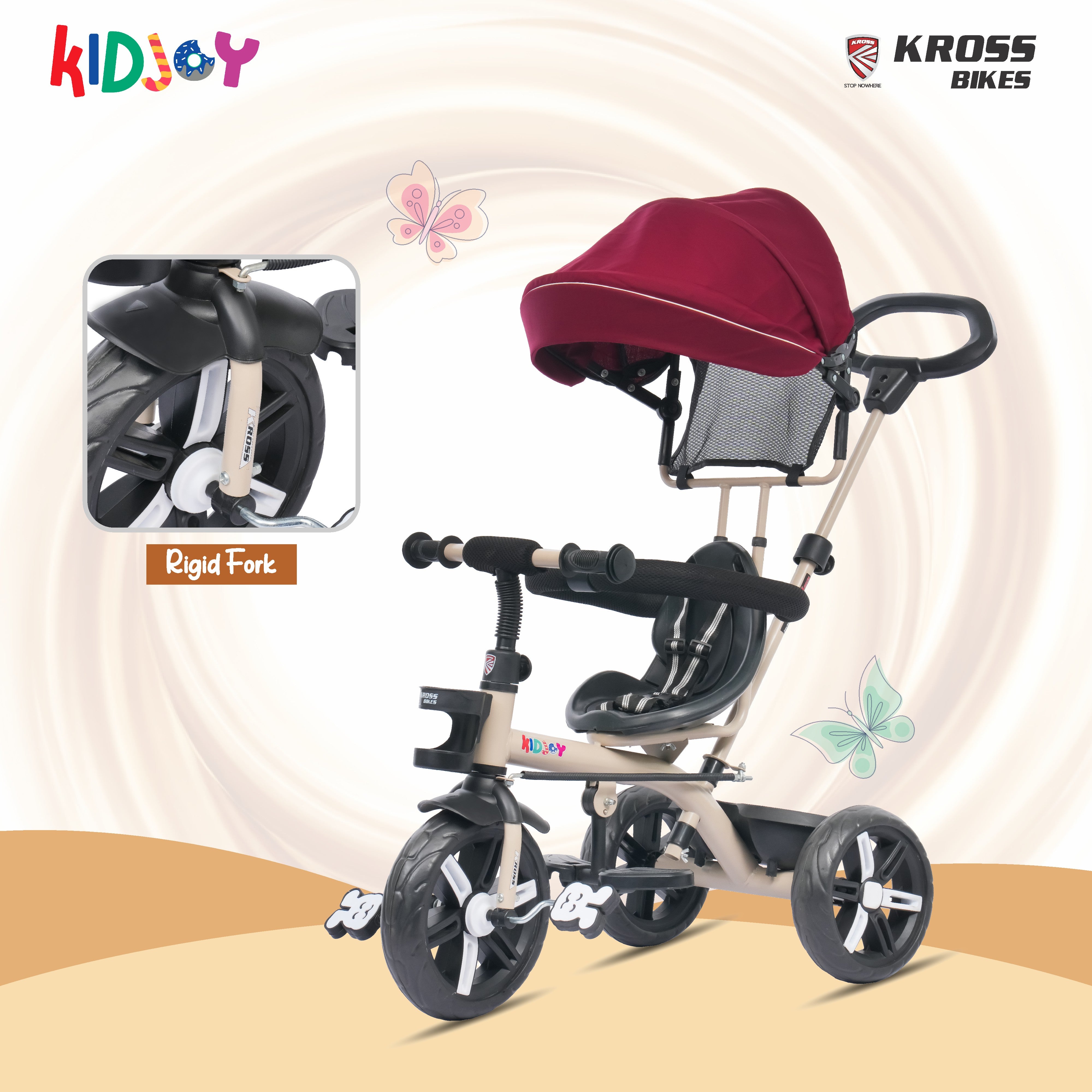 Kidjoy EX-1 3-in-1 Kids Tricycle with Adjustable Parental Handle, Detachable Canopy, EVA Tyres, Safety Belt & Rear Basket (1–4 Years) (Brown/Maroon)