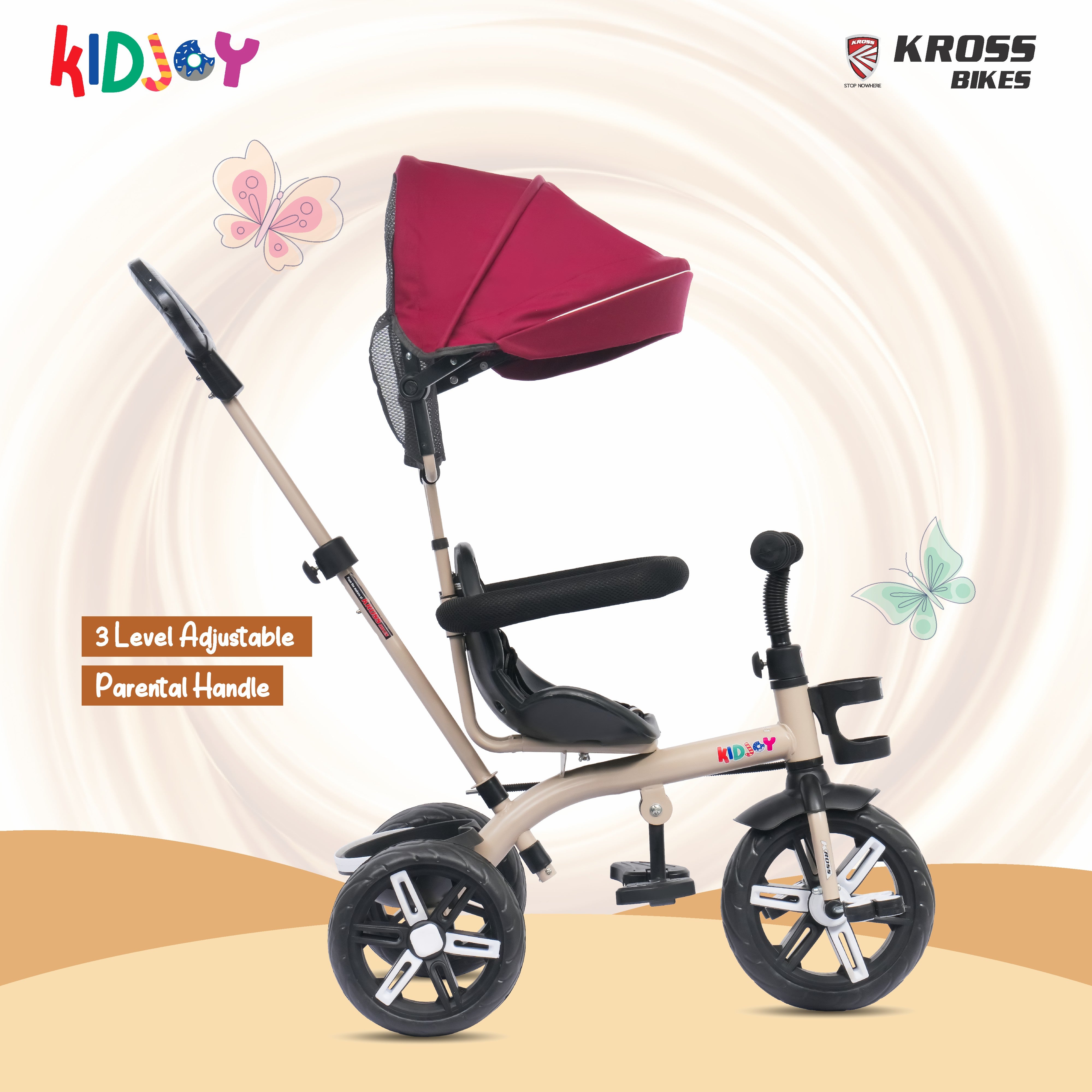 Kidjoy EX-1 3-in-1 Kids Tricycle with Adjustable Parental Handle, Detachable Canopy, EVA Tyres, Safety Belt & Rear Basket (1–4 Years) (Brown/Maroon)