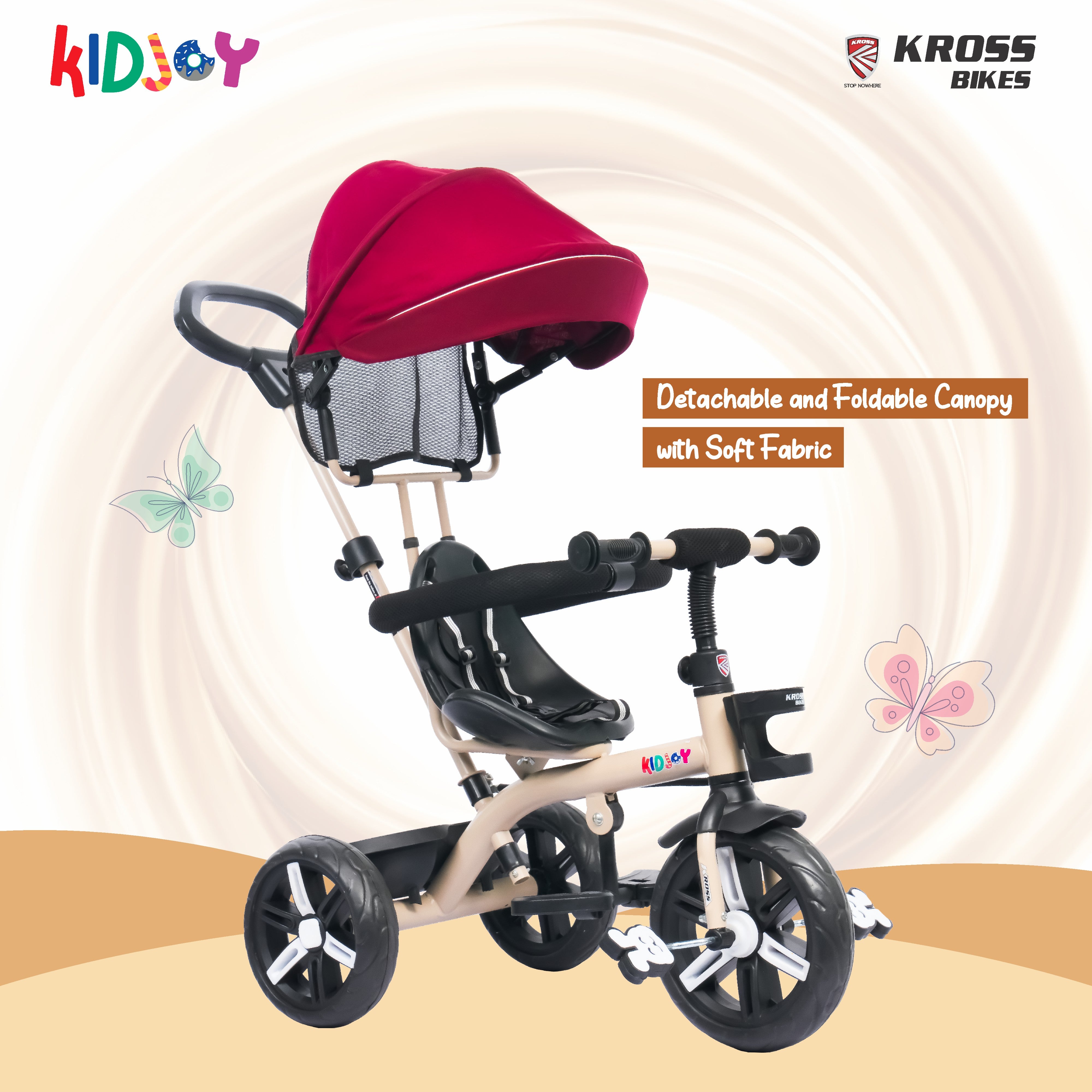 Kidjoy EX-1 3-in-1 Kids Tricycle with Adjustable Parental Handle, Detachable Canopy, EVA Tyres, Safety Belt & Rear Basket (1–4 Years) (Brown/Maroon)