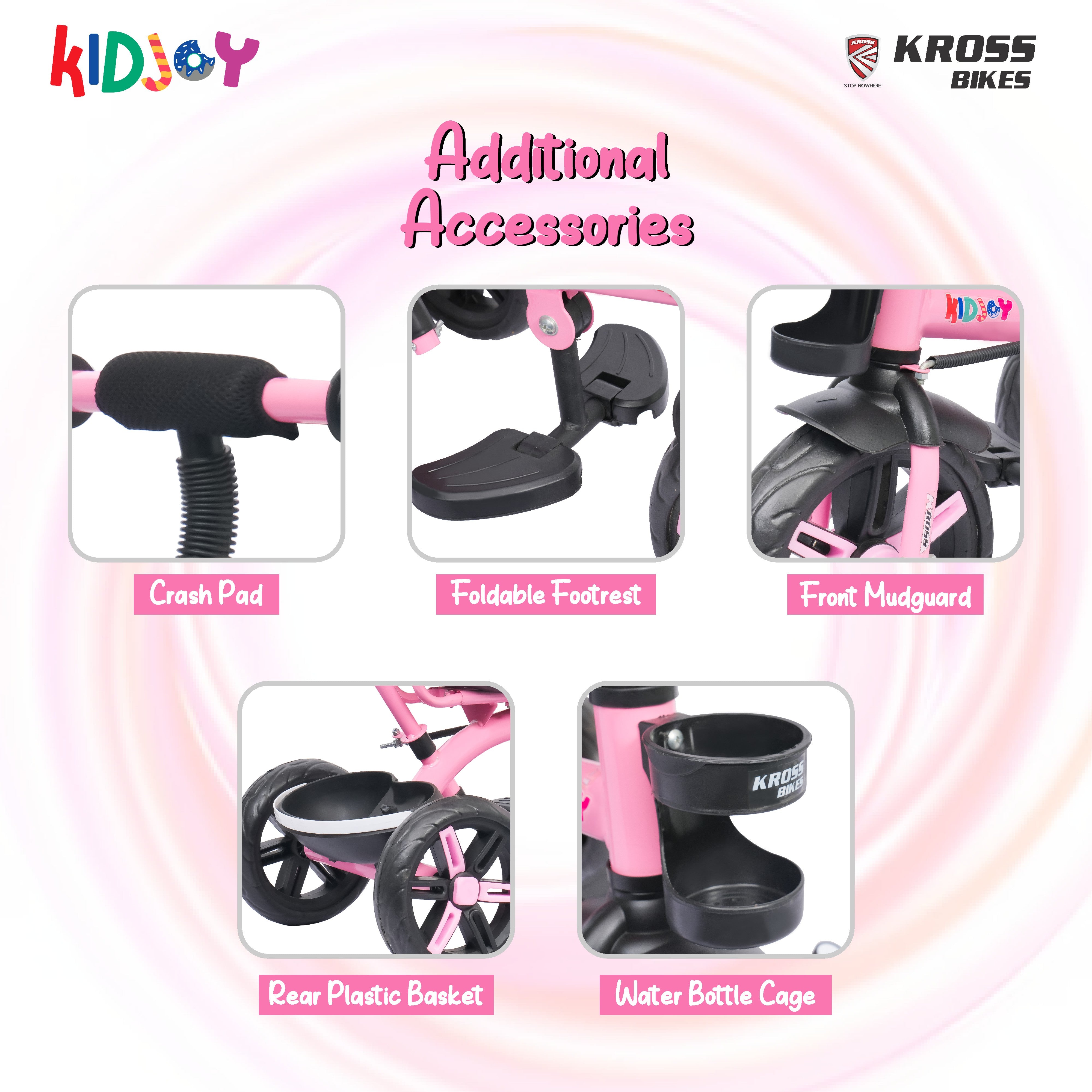 Kidjoy EX-1 3-in-1 Kids Tricycle with Adjustable Parental Handle, Detachable Canopy, EVA Tyres, Safety Belt & Rear Basket (1–4 Years) (Pink/White)