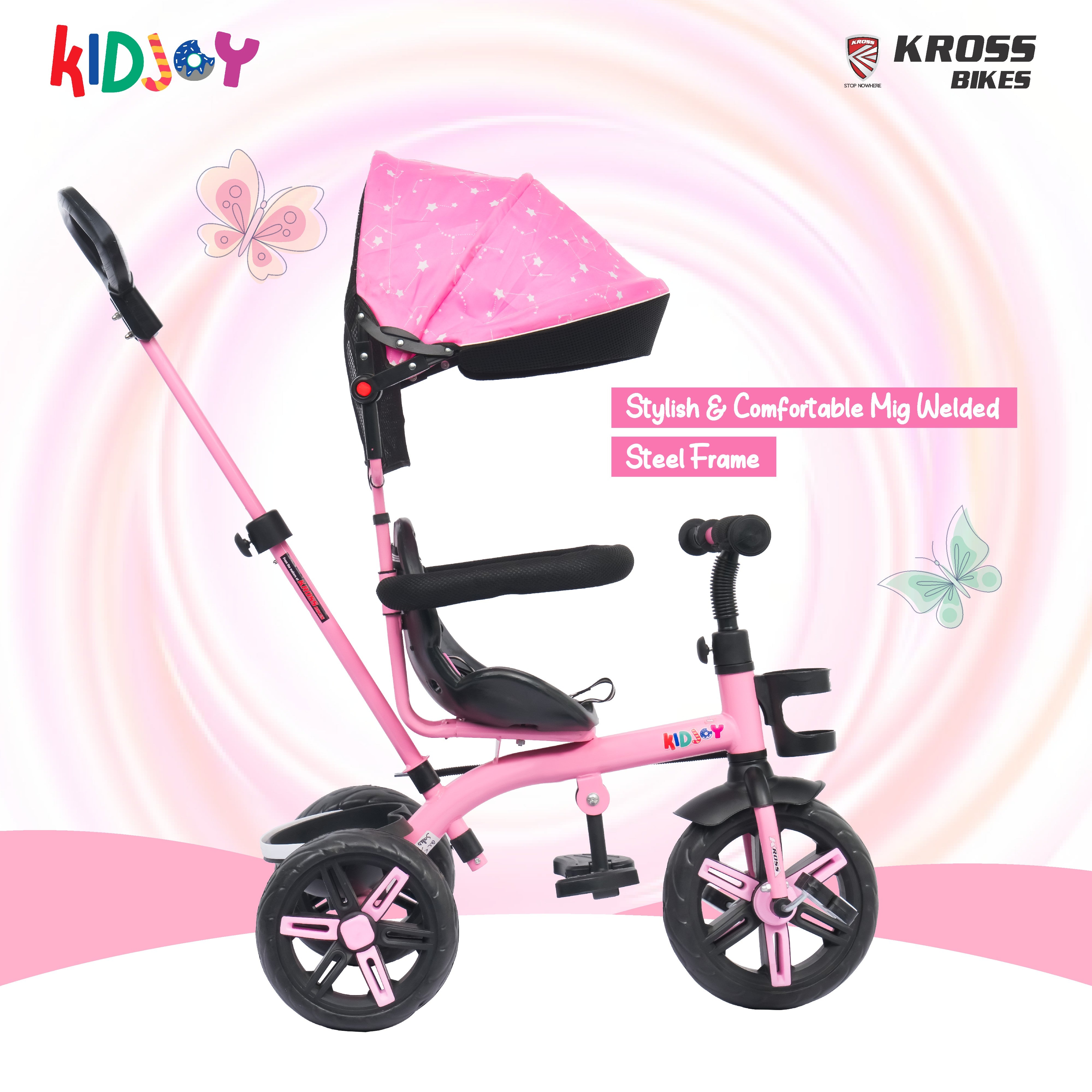Kidjoy EX-1 3-in-1 Kids Tricycle with Adjustable Parental Handle, Detachable Canopy, EVA Tyres, Safety Belt & Rear Basket (1–4 Years) (Pink/White)