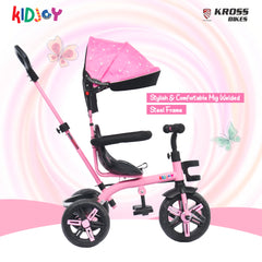 Kidjoy EX-1 3-in-1 Kids Tricycle with Adjustable Parental Handle, Detachable Canopy, EVA Tyres, Safety Belt & Rear Basket (1–4 Years) (Pink/White)