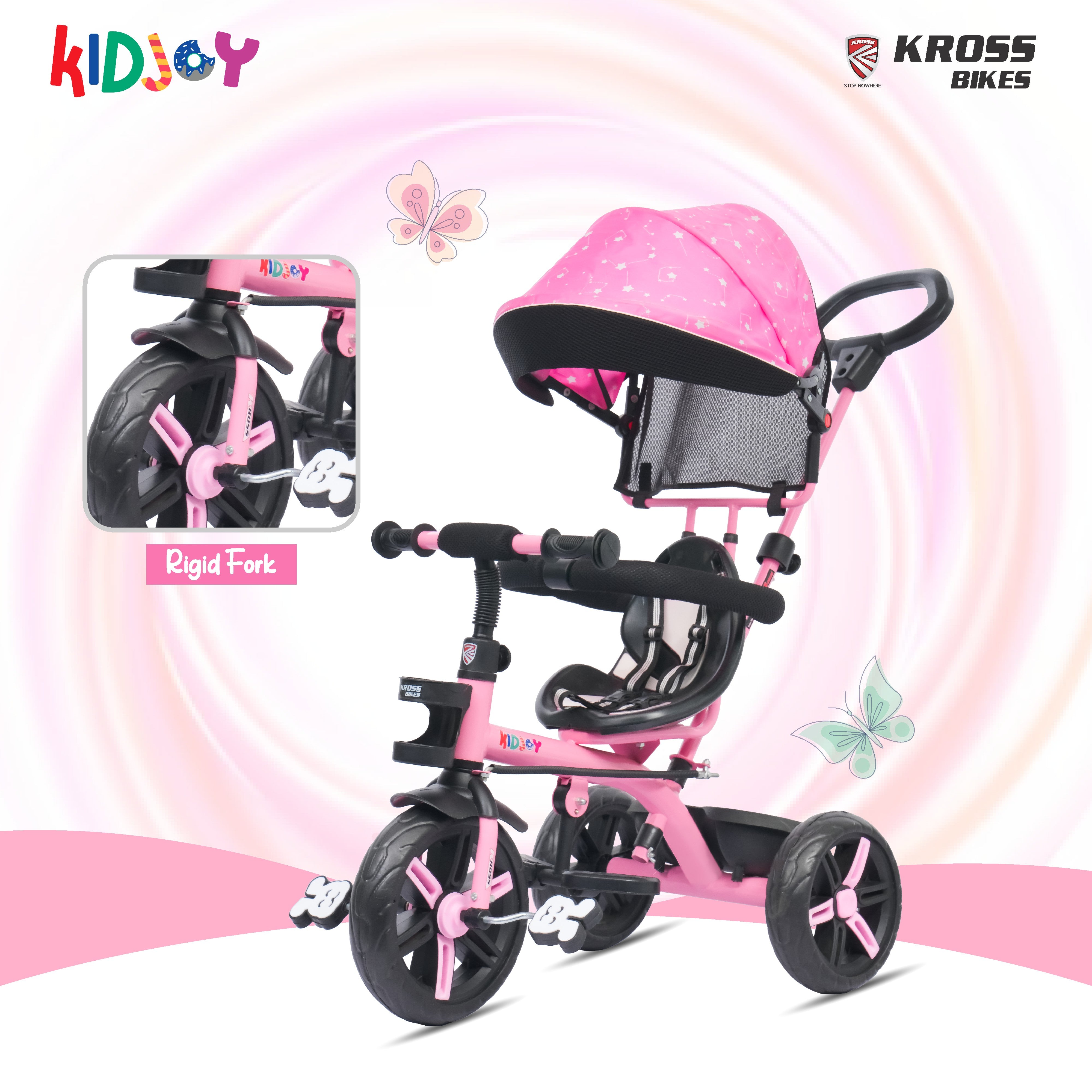 Kidjoy EX-1 3-in-1 Kids Tricycle with Adjustable Parental Handle, Detachable Canopy, EVA Tyres, Safety Belt & Rear Basket (1–4 Years) (Pink/White)