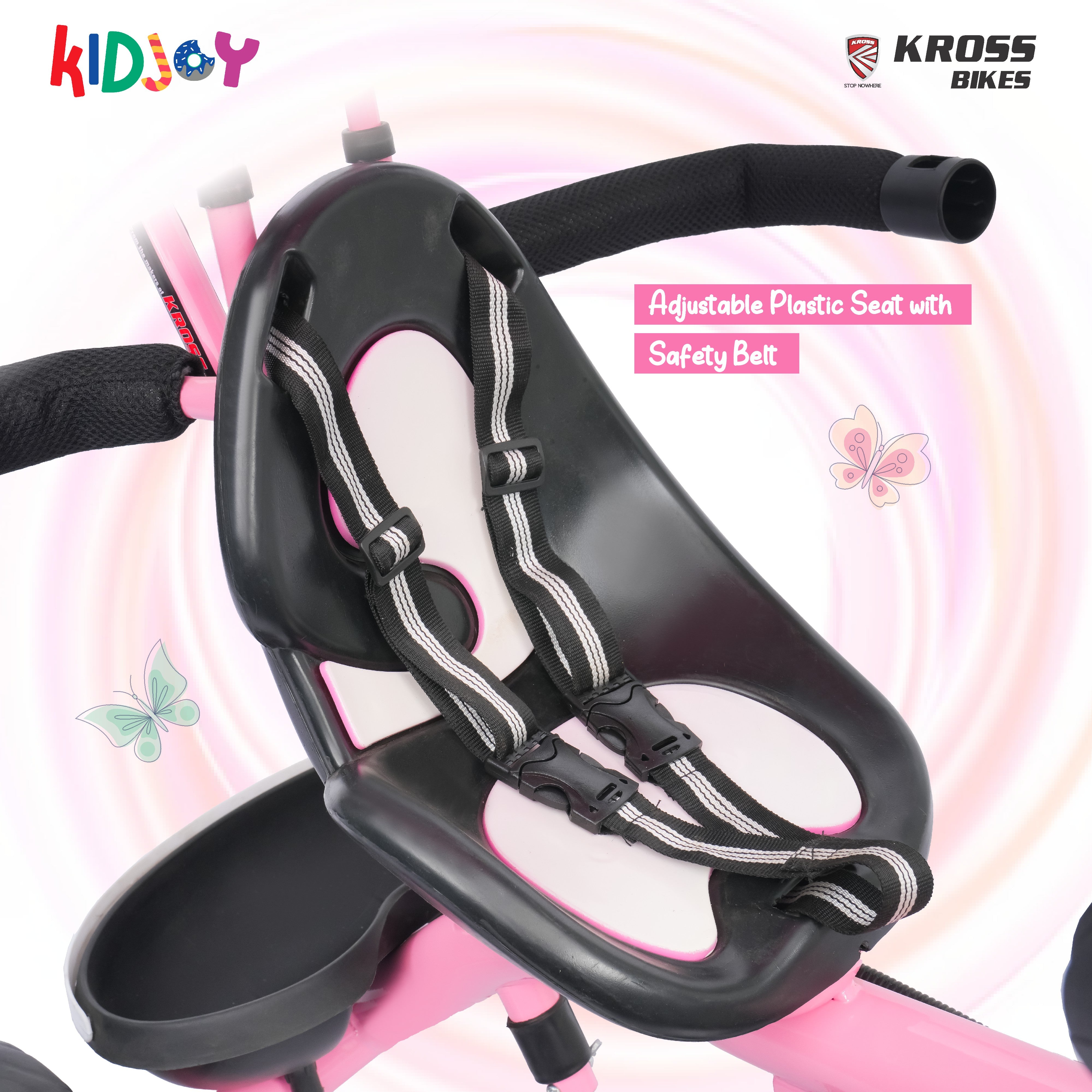 Kidjoy EX-1 3-in-1 Kids Tricycle with Adjustable Parental Handle, Detachable Canopy, EVA Tyres, Safety Belt & Rear Basket (1–4 Years) (Pink/White)