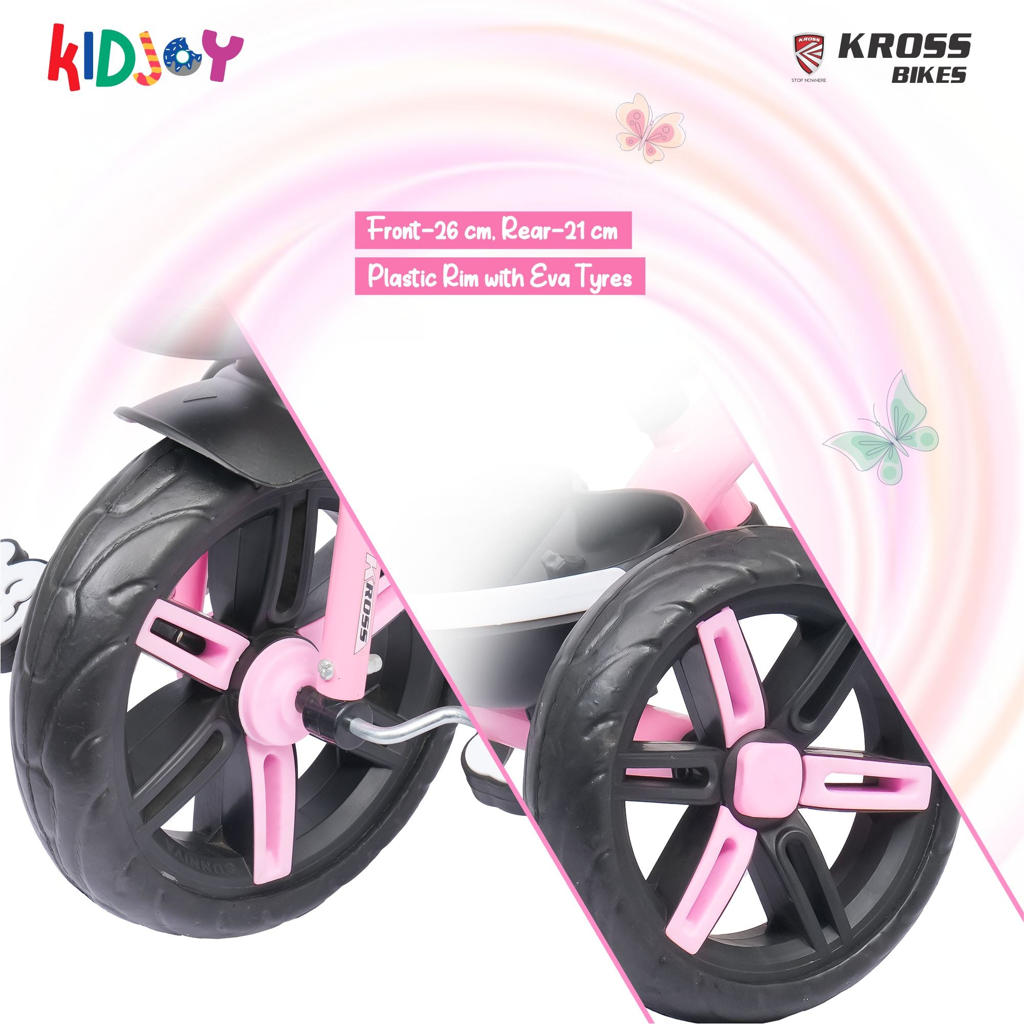 Kidjoy EX-1 3-in-1 Kids Tricycle with Adjustable Parental Handle, Detachable Canopy, EVA Tyres, Safety Belt & Rear Basket (1–4 Years) (Pink/White)