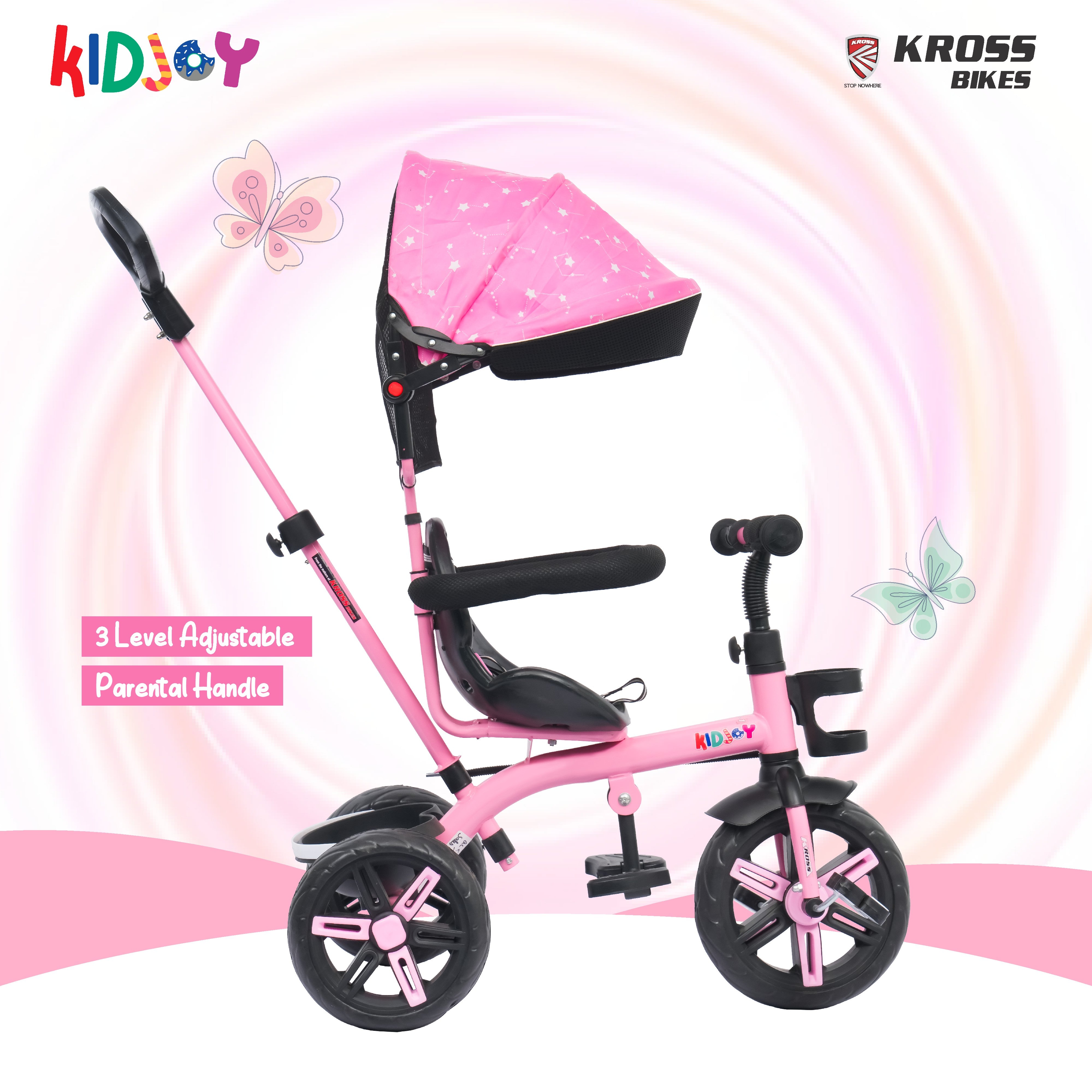 Kidjoy EX-1 3-in-1 Kids Tricycle with Adjustable Parental Handle, Detachable Canopy, EVA Tyres, Safety Belt & Rear Basket (1–4 Years) (Pink/White)