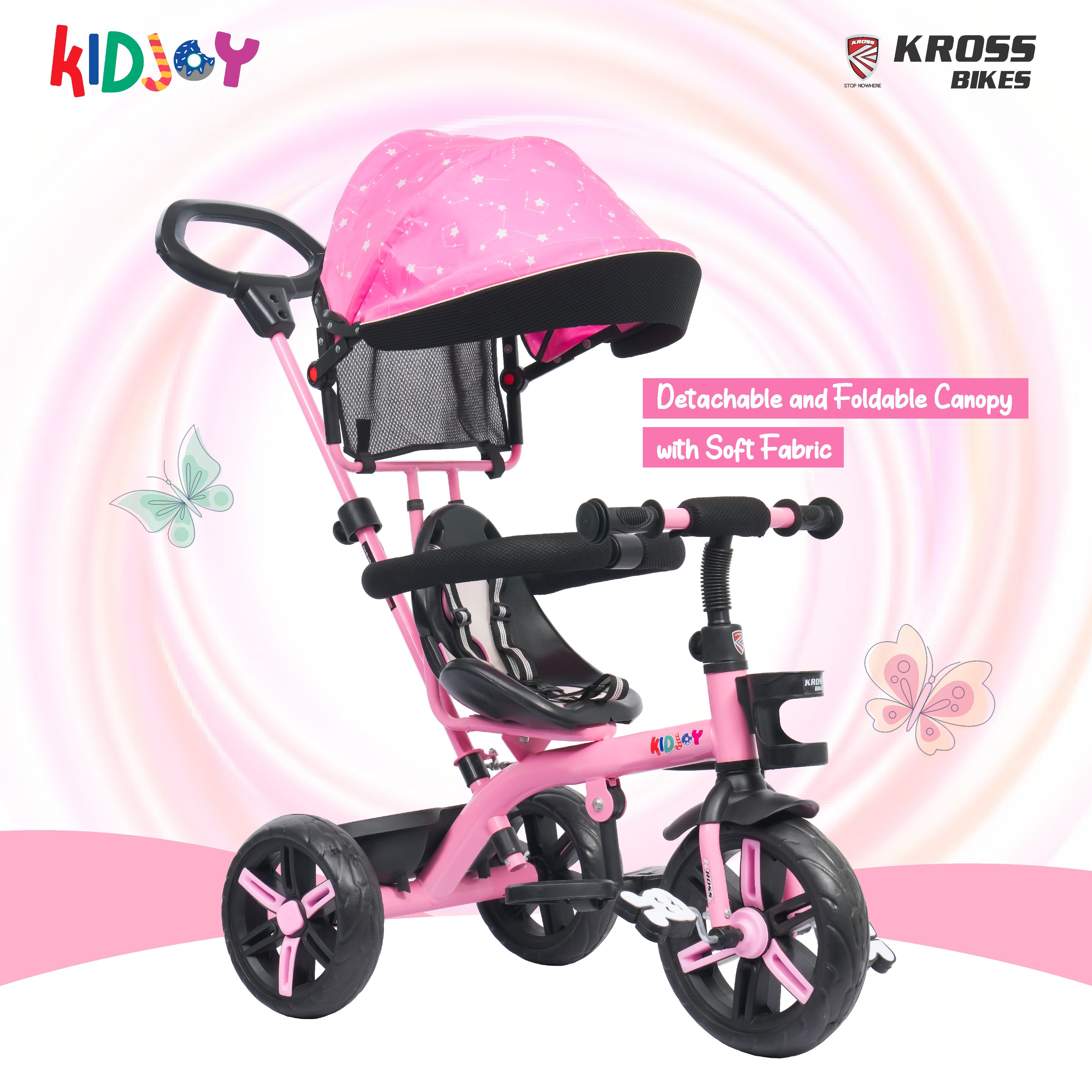 Kidjoy EX-1 3-in-1 Kids Tricycle with Adjustable Parental Handle, Detachable Canopy, EVA Tyres, Safety Belt & Rear Basket (1–4 Years) (Pink/White)