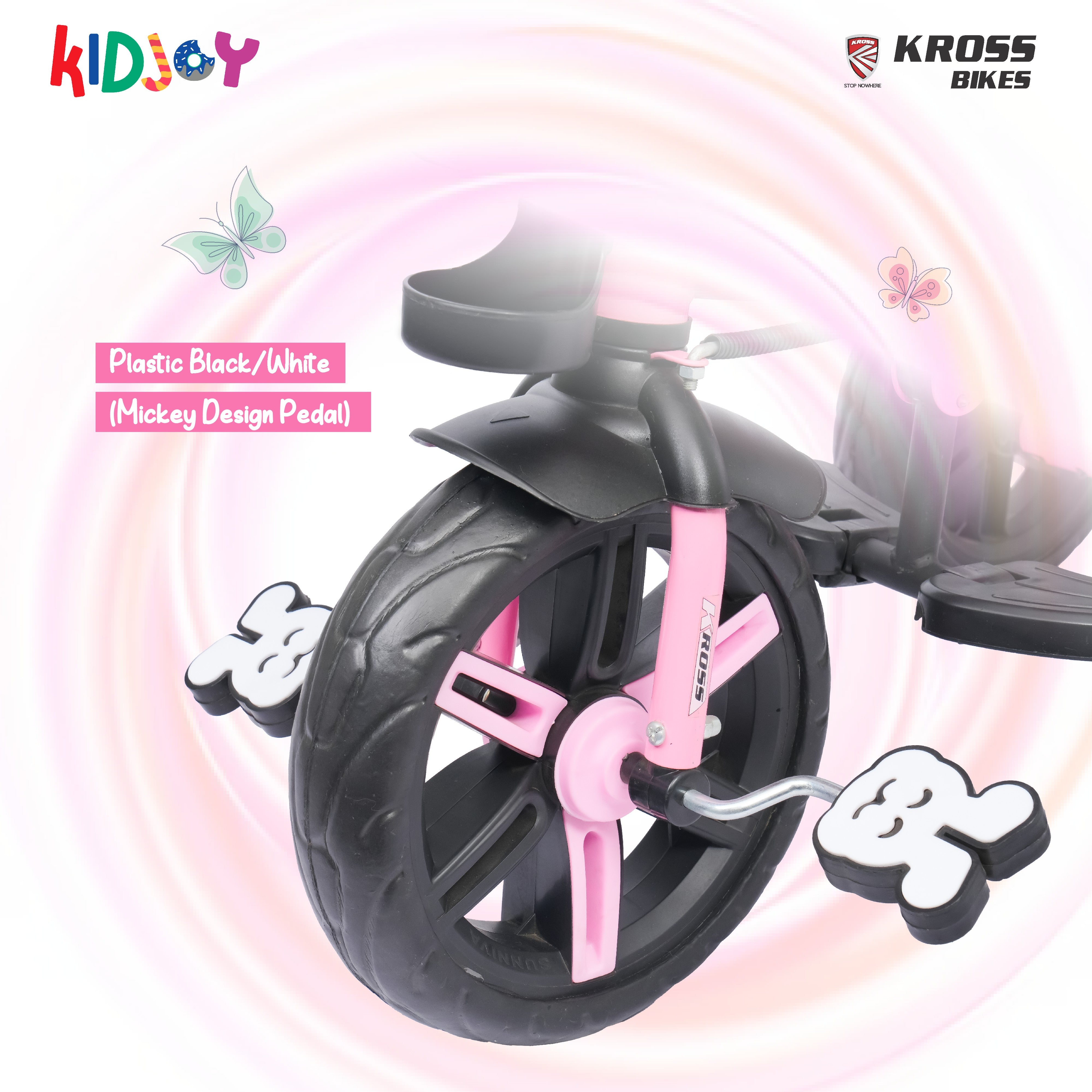Kidjoy EX-1 3-in-1 Kids Tricycle with Adjustable Parental Handle, Detachable Canopy, EVA Tyres, Safety Belt & Rear Basket (1–4 Years) (Pink/White)