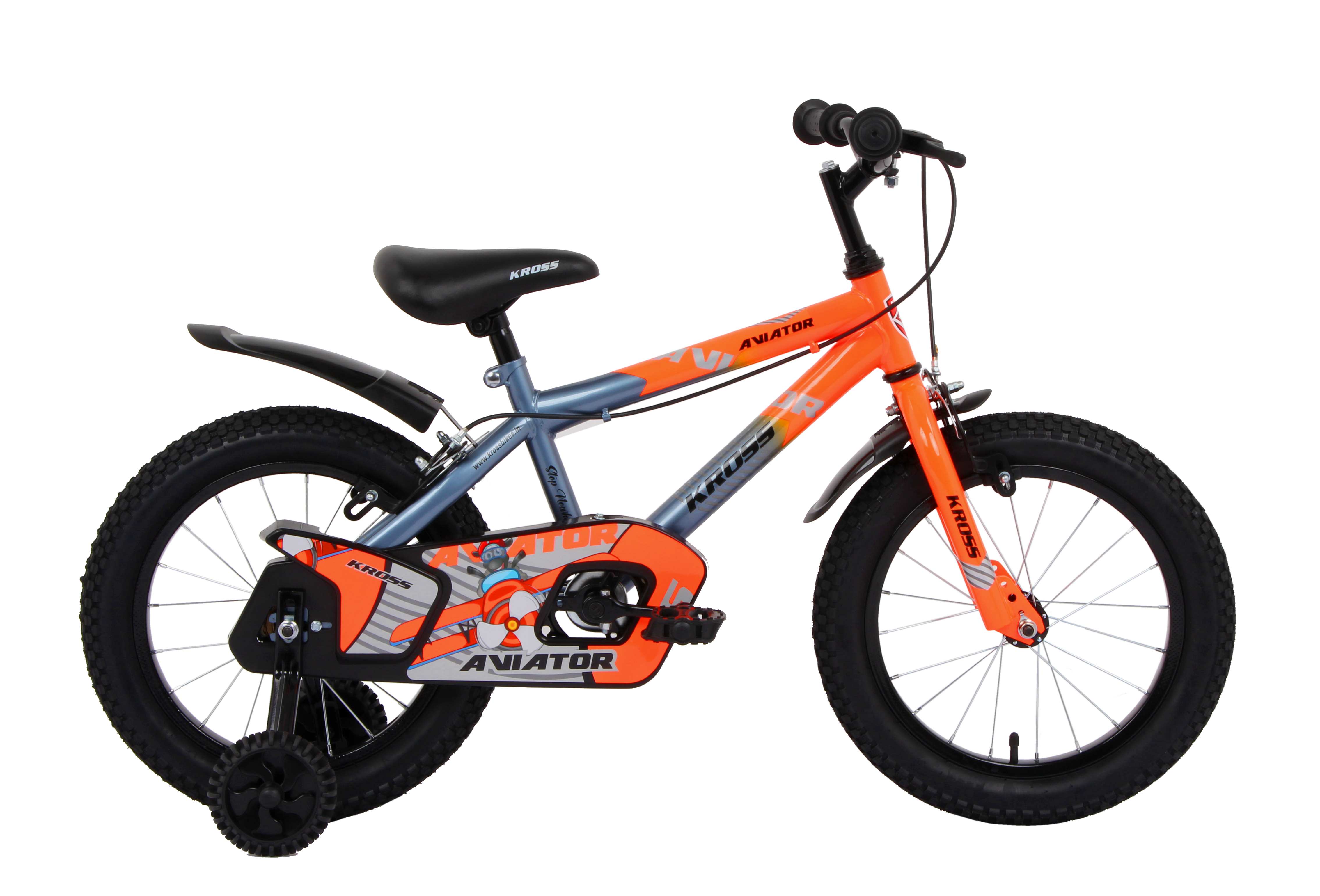 Kross Aviator 16T Kids Bicycle Grey Orange with Training Wheels | Front & Rear Caliper Brakes | 16 x 2.40 Tyres