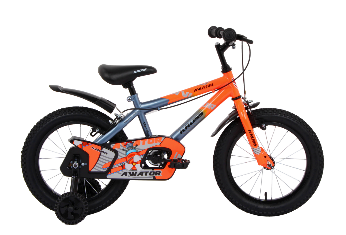 Kross Aviator 16T Kids Bicycle Grey Orange with Training Wheels | Front & Rear Caliper Brakes | 16 x 2.40 Tyres