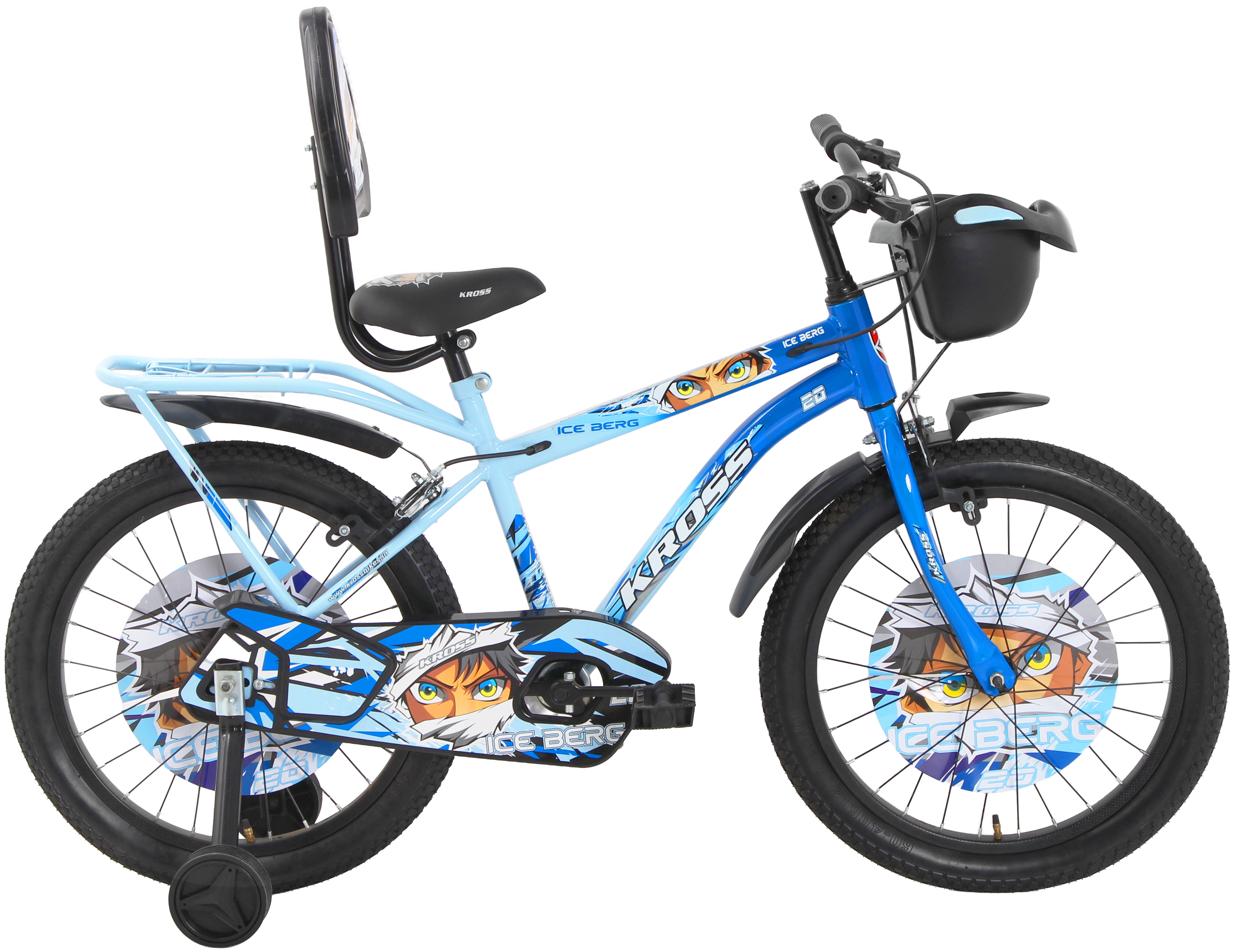 Kross Ice Berg 20T Kids Bicycle – Single Speed, Steel Frame, Caliper Brakes, Basket, Backrest & Side Supporters (Blue)
