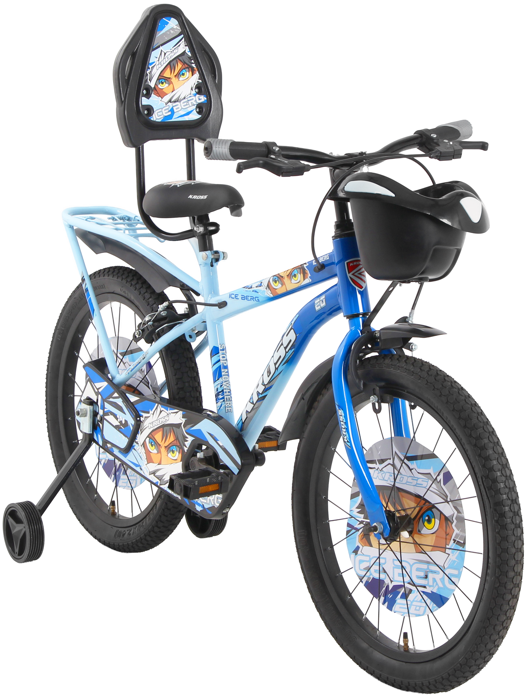 Kross Ice Berg 20T Kids Bicycle – Single Speed, Steel Frame, Caliper Brakes, Basket, Backrest & Side Supporters (Blue)