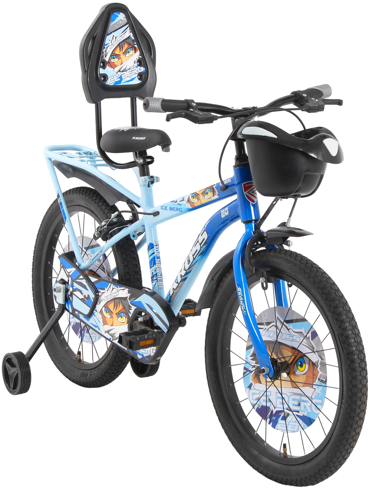 Kross Ice Berg 20T Kids Bicycle – Single Speed, Steel Frame, Caliper Brakes, Basket, Backrest & Side Supporters (Blue)